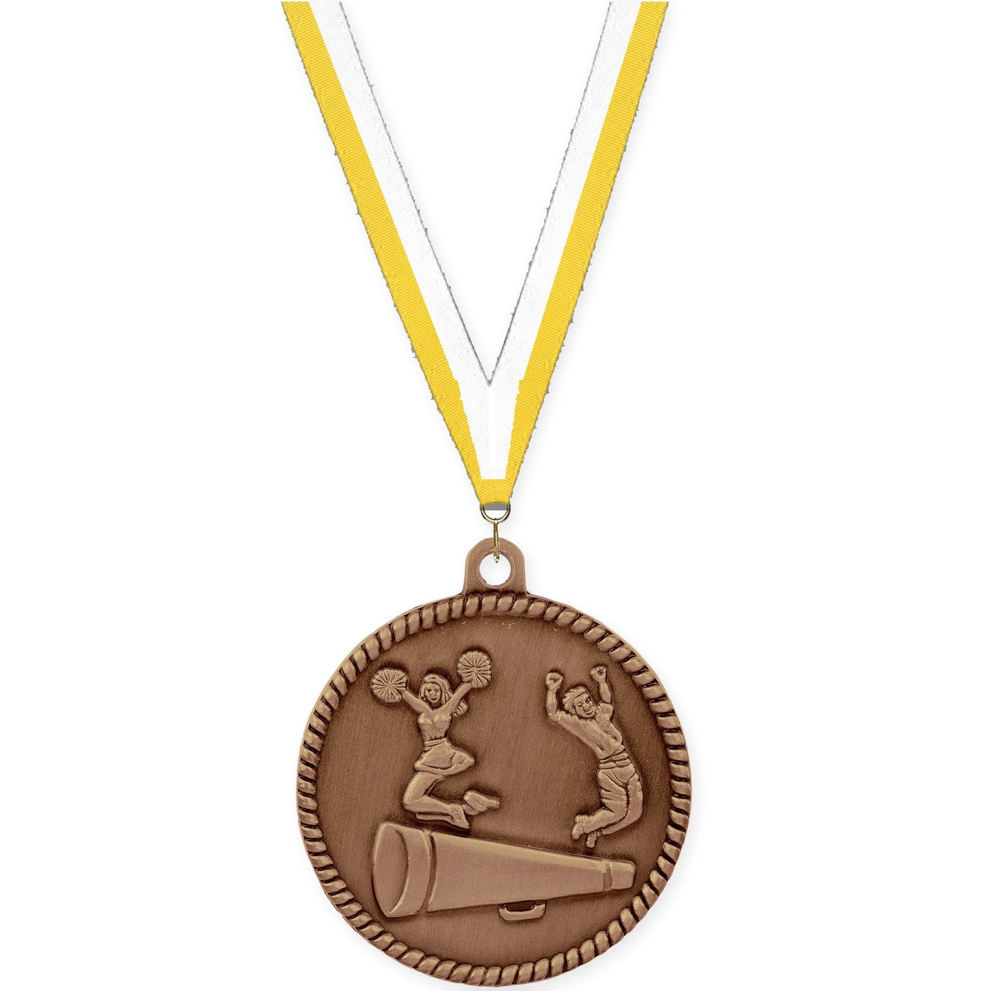2 inch cheerleading High Relief medal in antique bronze with Yellow White neck ribbon