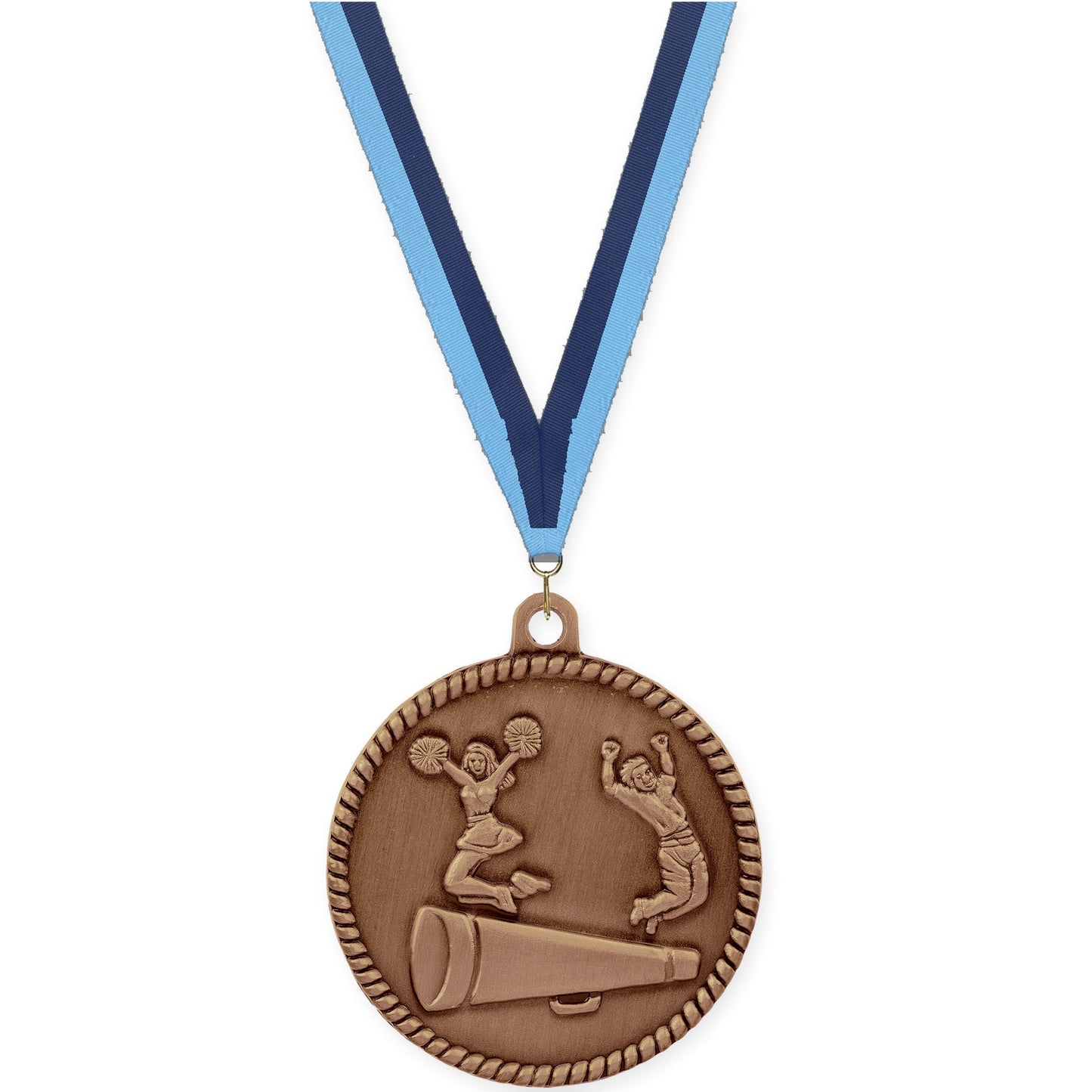 2 inch cheerleading High Relief medal in antique bronze with Light Blue Navy neck ribbon