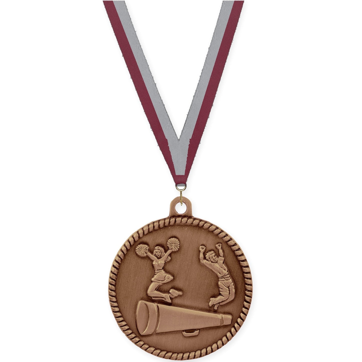 2 inch cheerleading High Relief medal in antique bronze with Maroon Gray neck ribbon