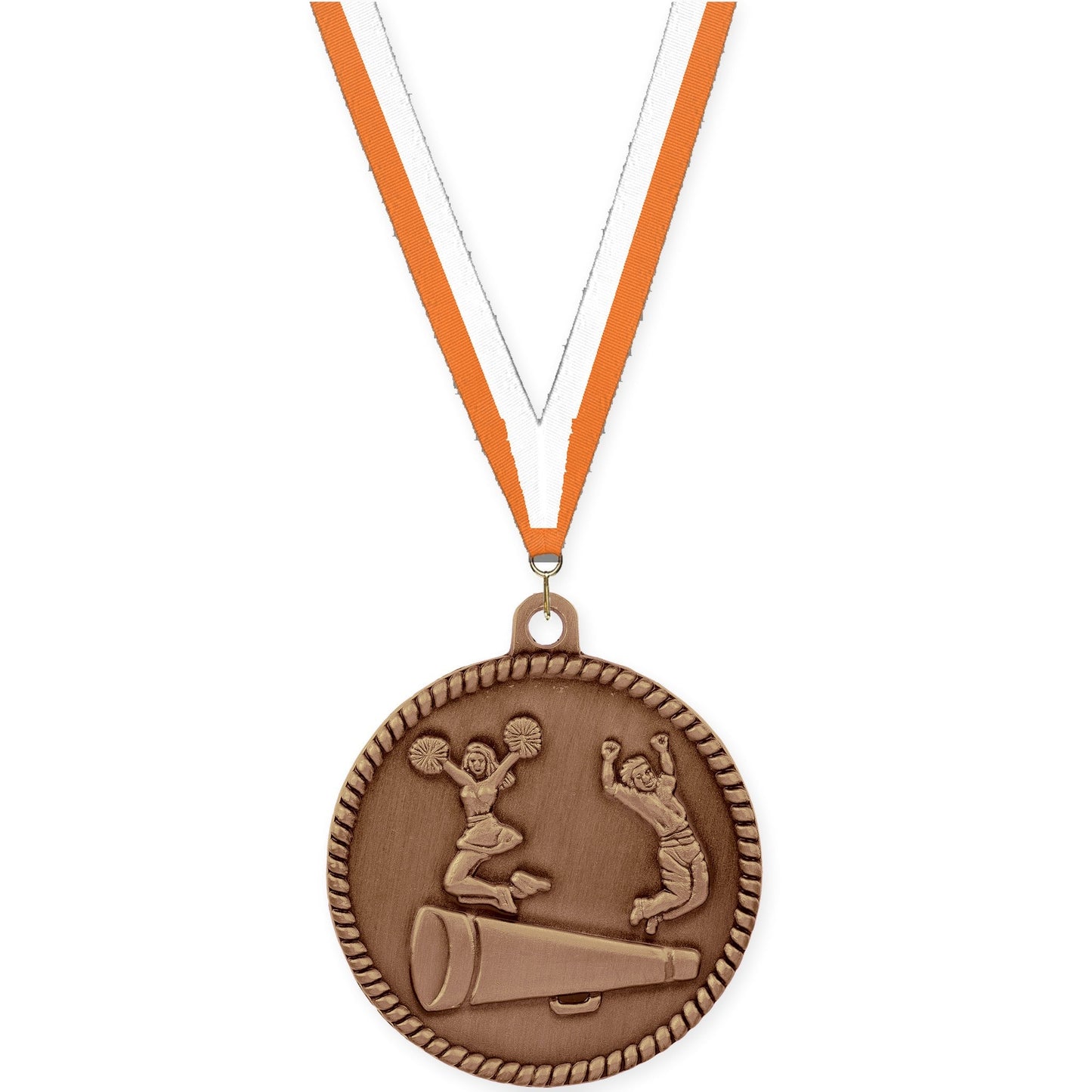 2 inch cheerleading High Relief medal in antique bronze with Orange White neck ribbon