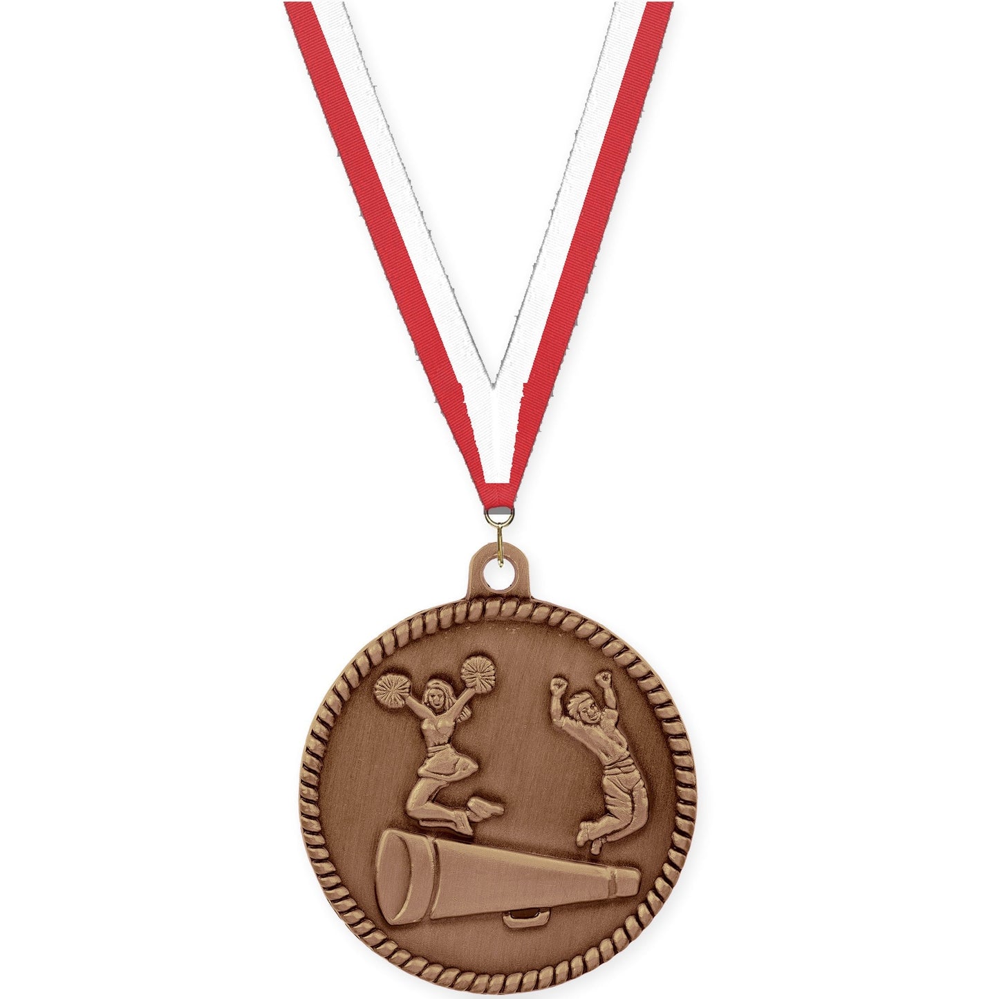 2 inch cheerleading High Relief medal in antique bronze with Red White neck ribbon