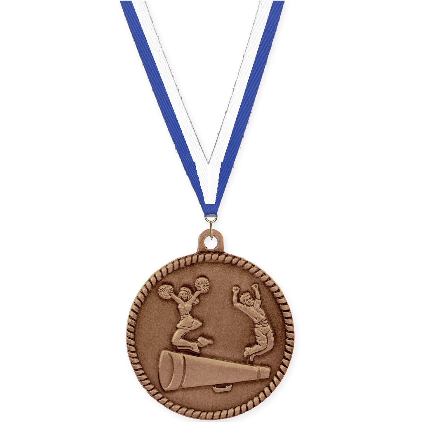 2 inch cheerleading High Relief medal in antique bronze with Blue White neck ribbon