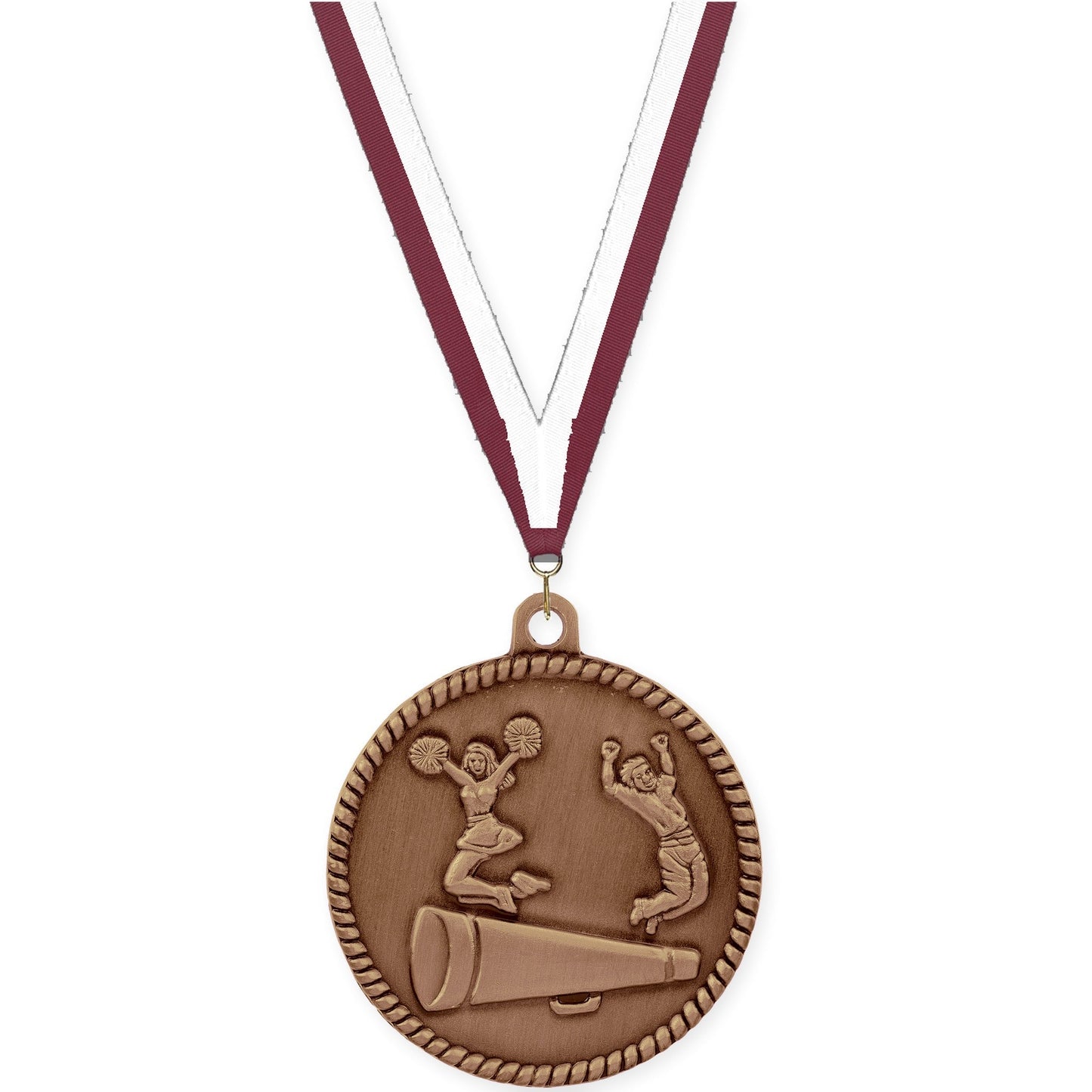 2 inch cheerleading High Relief medal in antique bronze with Maroon White neck ribbon