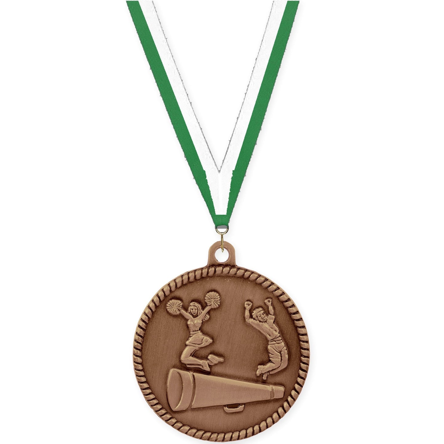 2 inch cheerleading High Relief medal in antique bronze with Green White neck ribbon