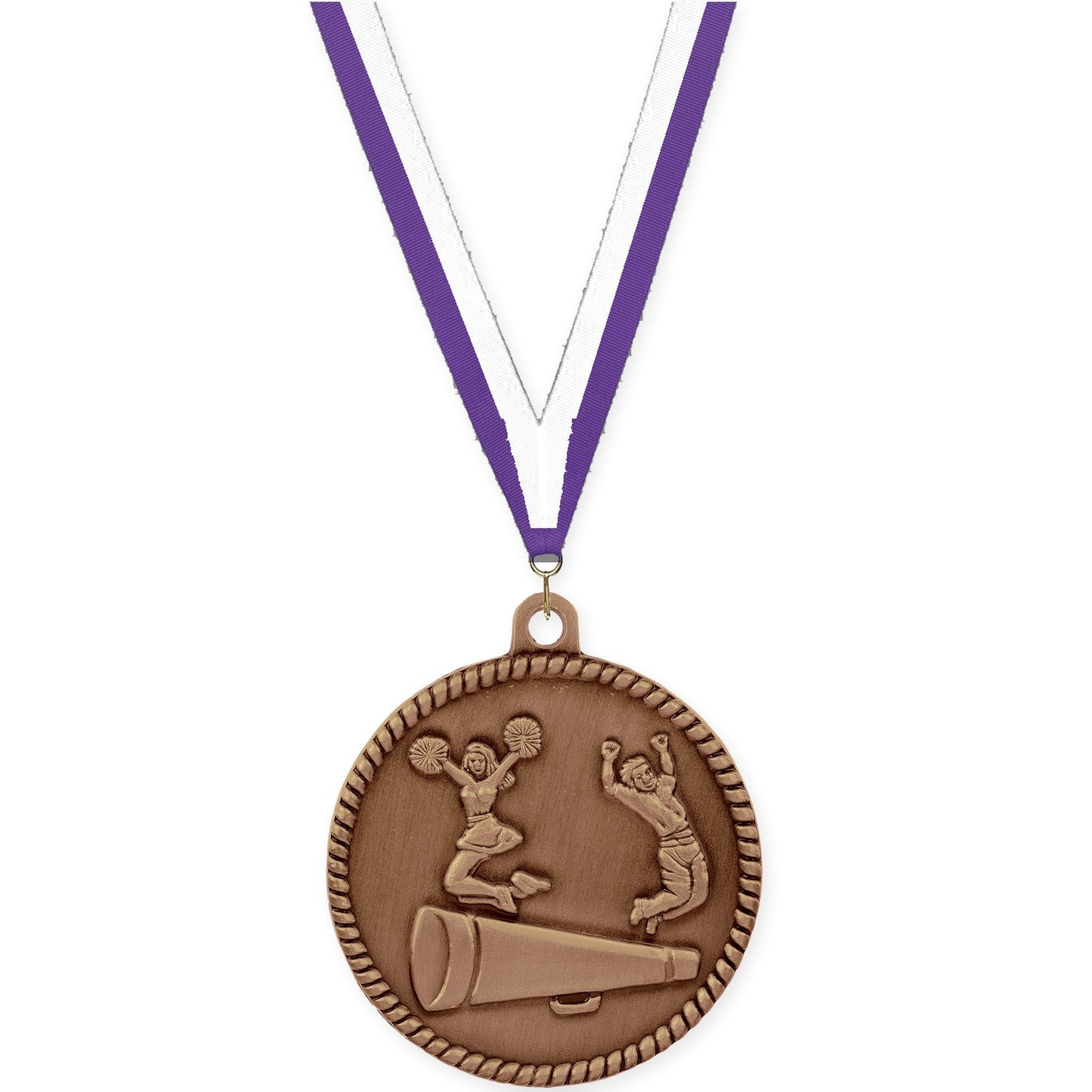 2 inch cheerleading High Relief medal in antique bronze with Purple White neck ribbon