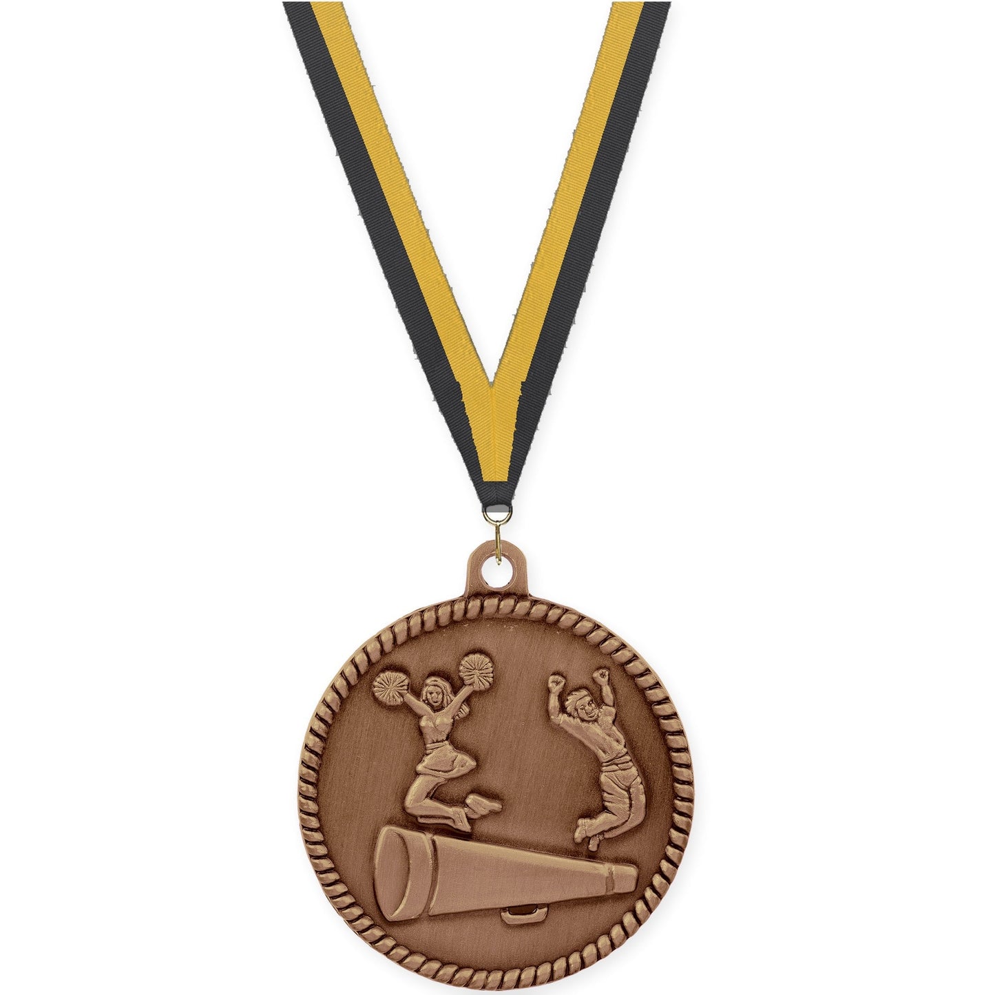 2 inch cheerleading High Relief medal in antique bronze with Black Gold neck ribbon