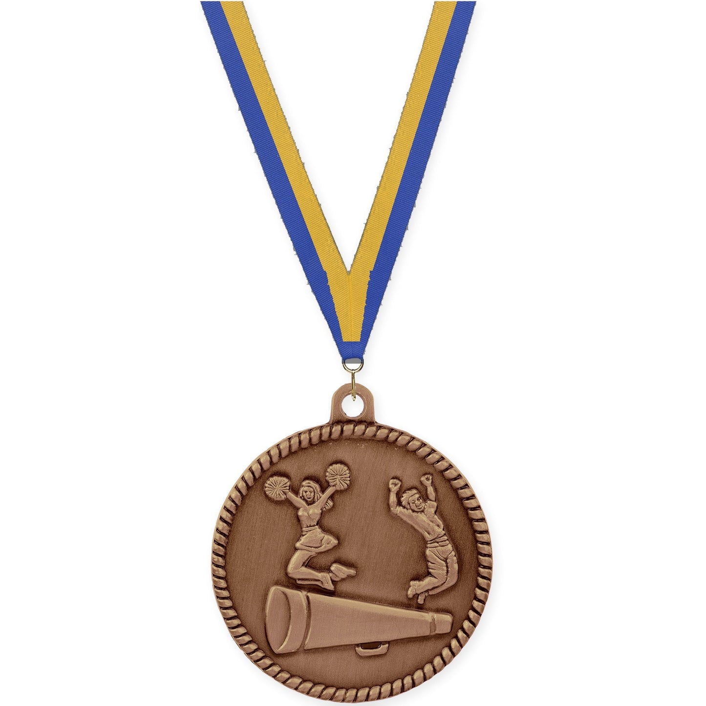 2 inch cheerleading High Relief medal in antique bronze with Blue Gold neck ribbon