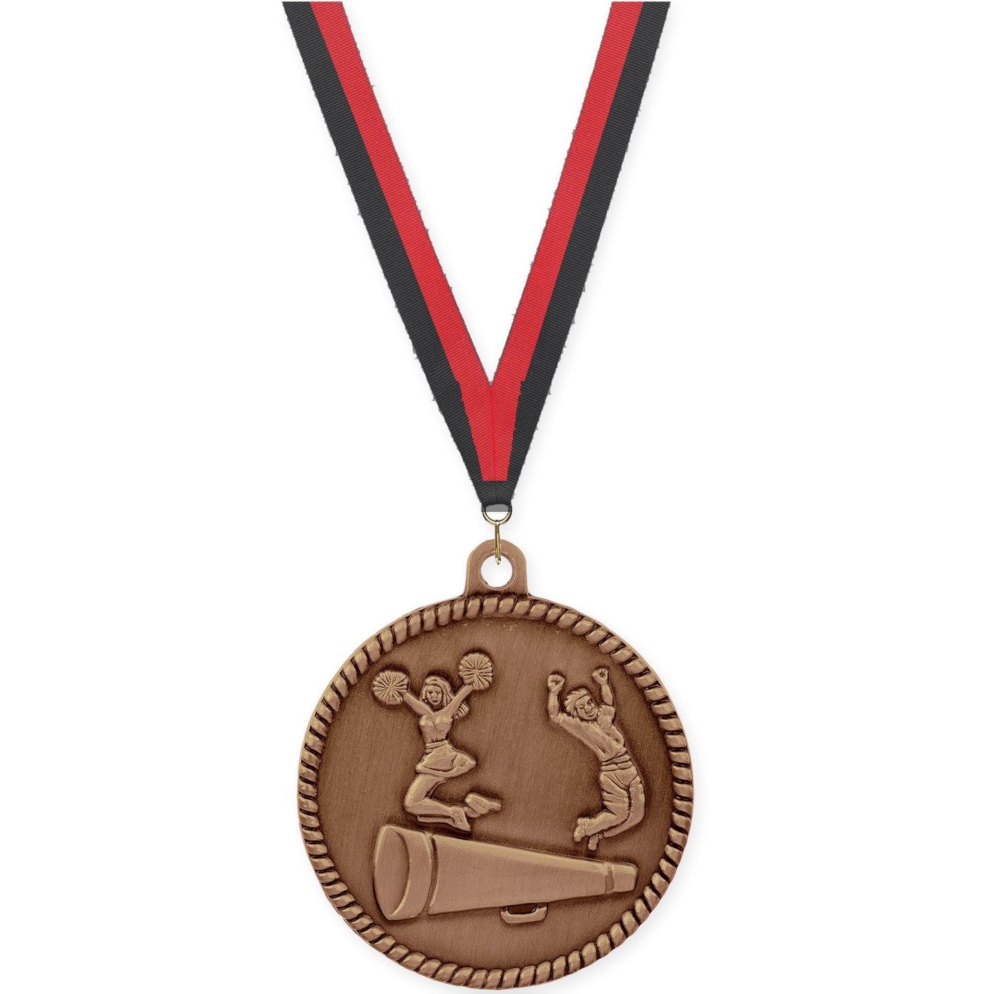 2 inch cheerleading High Relief medal in antique bronze with Black Red neck ribbon