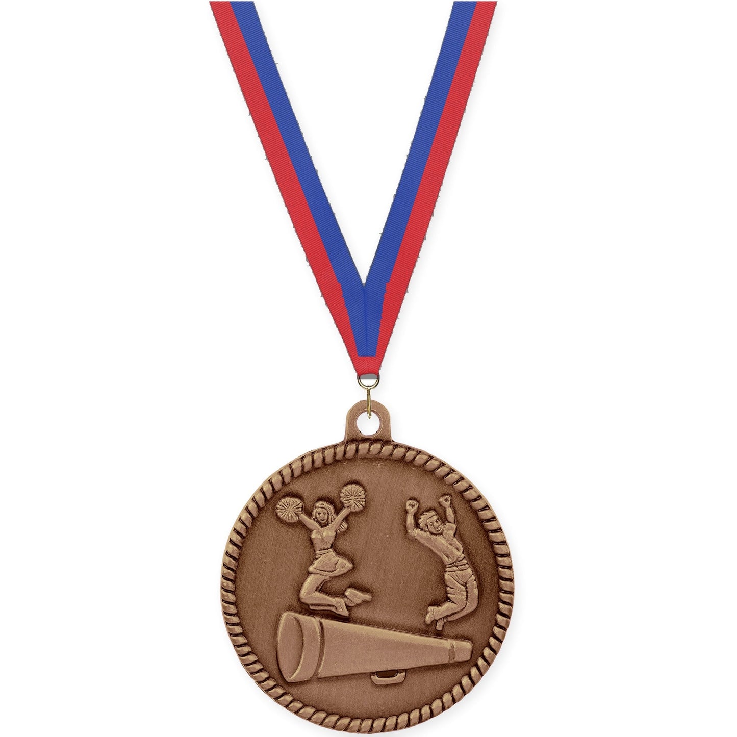 2 inch cheerleading High Relief medal in antique bronze with Blue Red neck ribbon