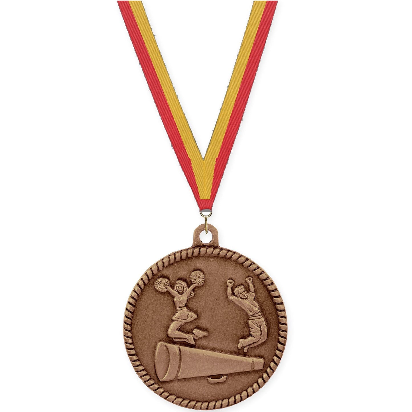 2 inch cheerleading High Relief medal in antique bronze with Red Gold neck ribbon