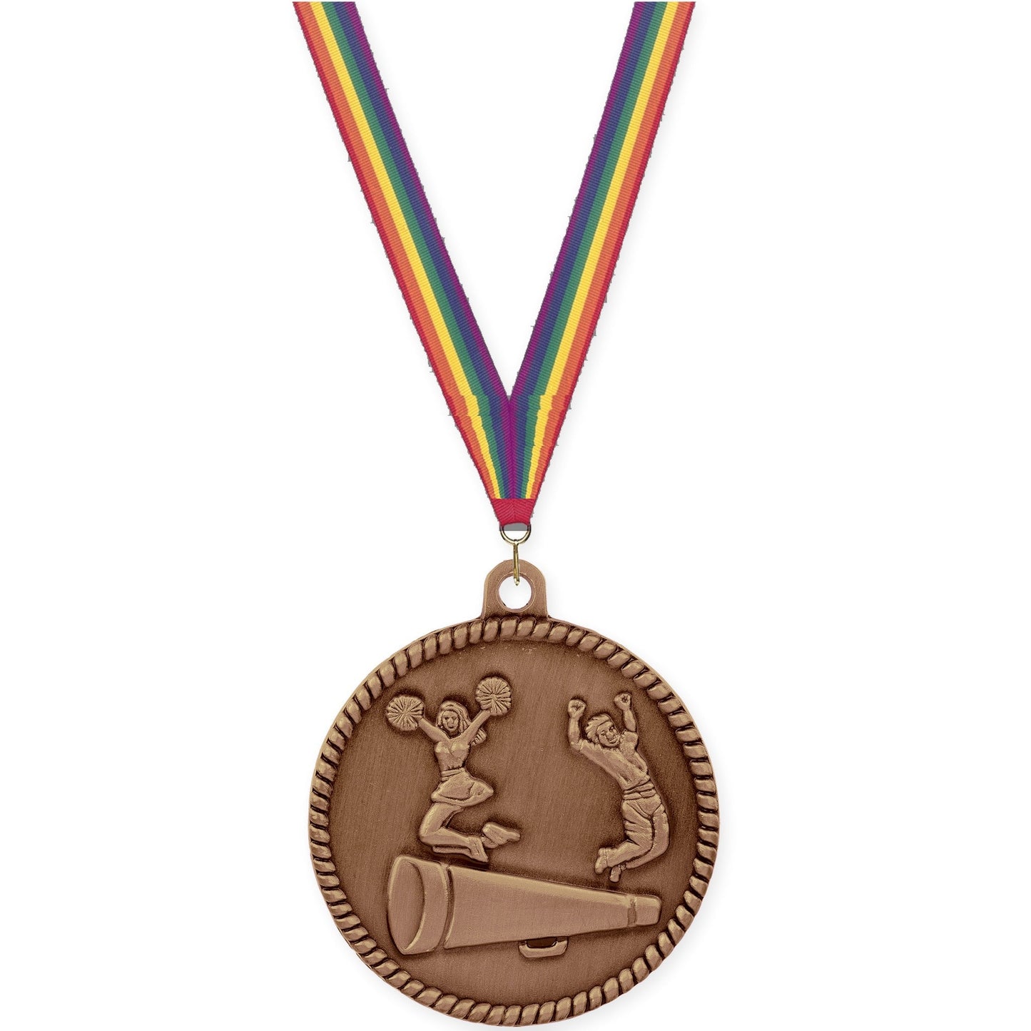 2 inch cheerleading High Relief medal in antique bronze with Rainbow neck ribbon
