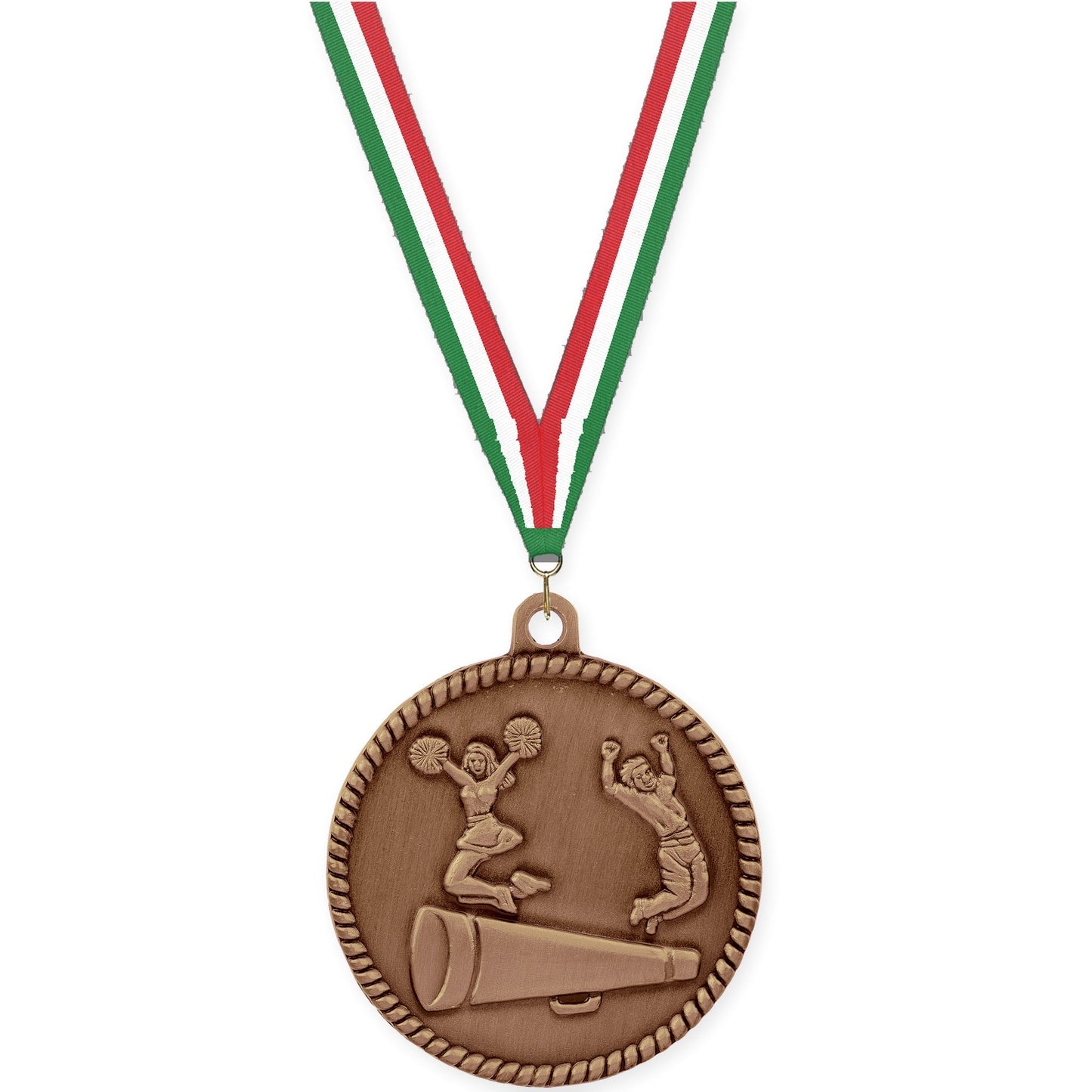2 inch cheerleading High Relief medal in antique bronze with Green White Red neck ribbon