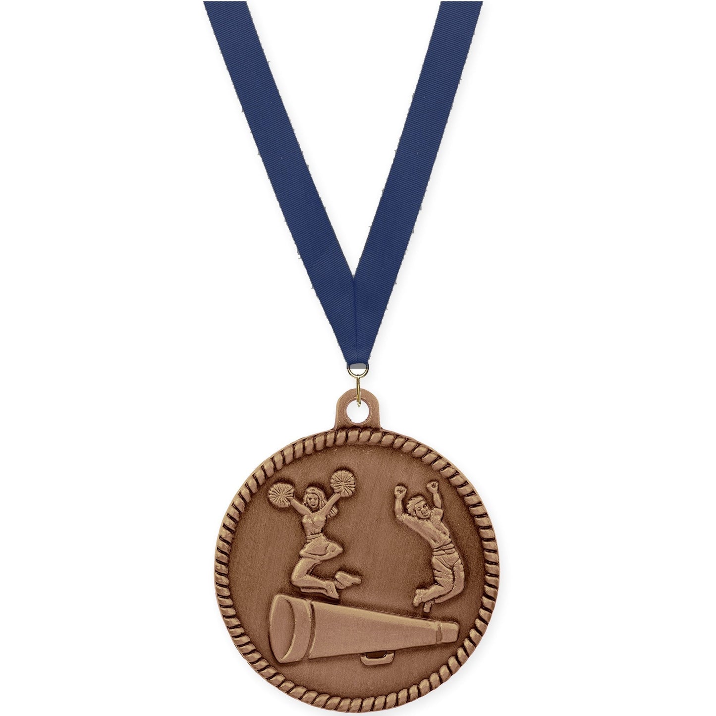 2 inch cheerleading High Relief medal in antique bronze with Navy neck ribbon
