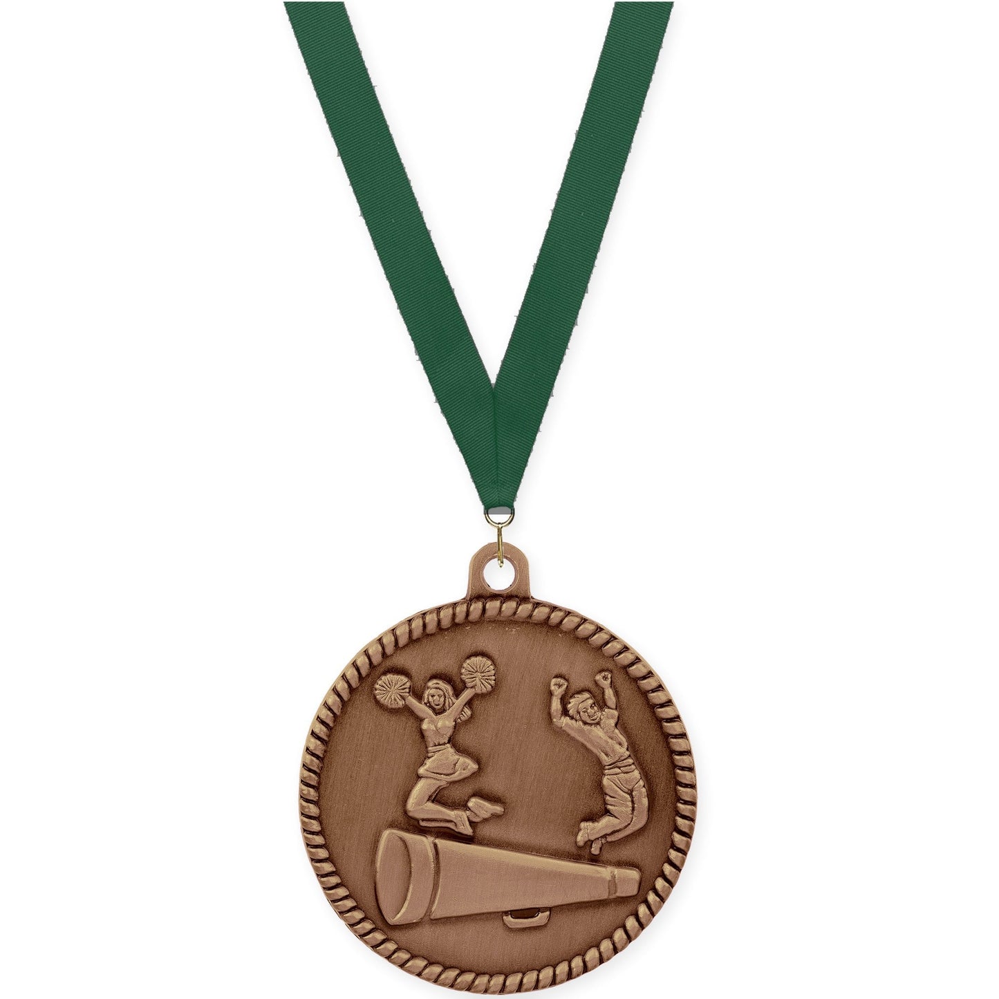 2 inch cheerleading High Relief medal in antique bronze with Hunter Green neck ribbon