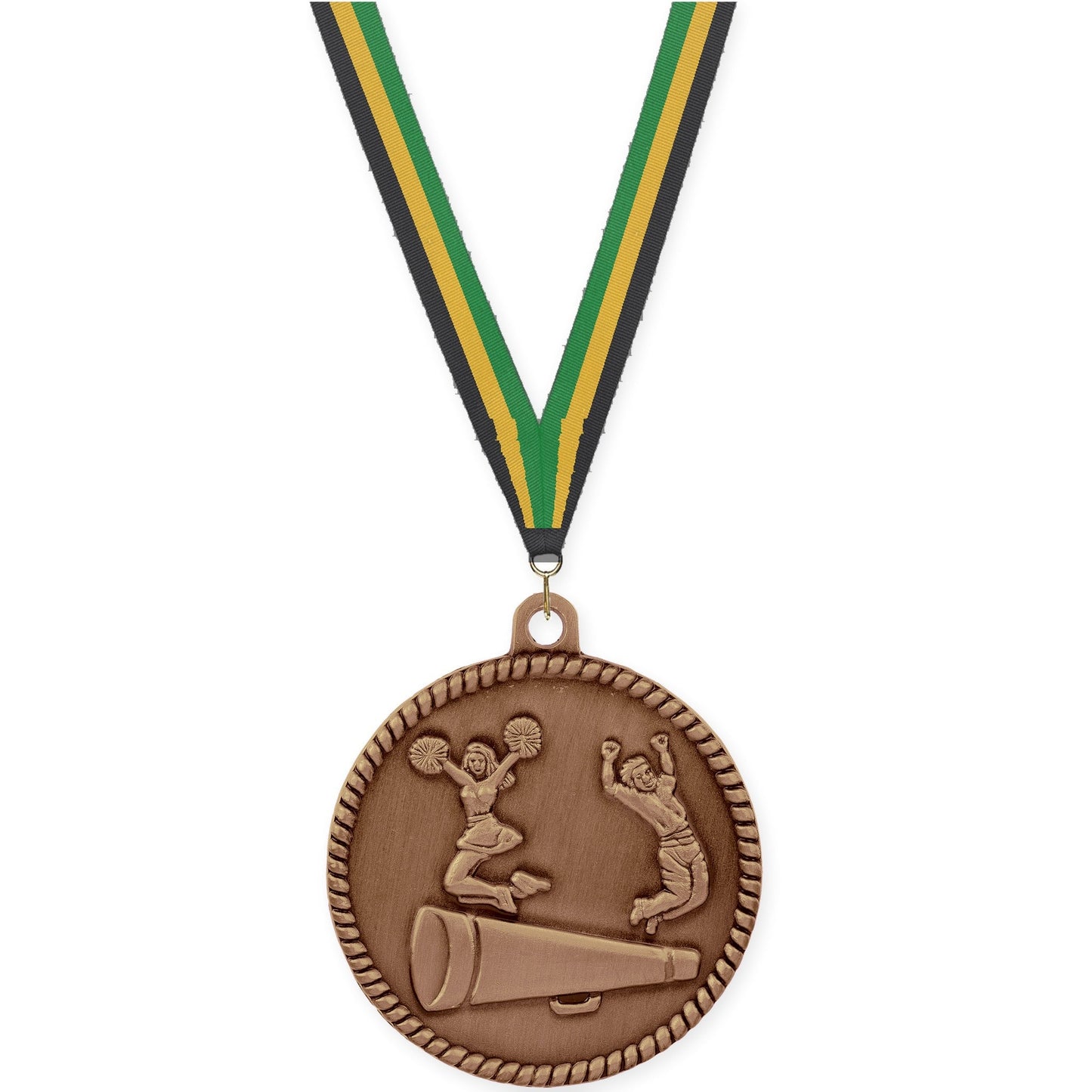 2 inch cheerleading High Relief medal in antique bronze with Black Gold Green neck ribbon