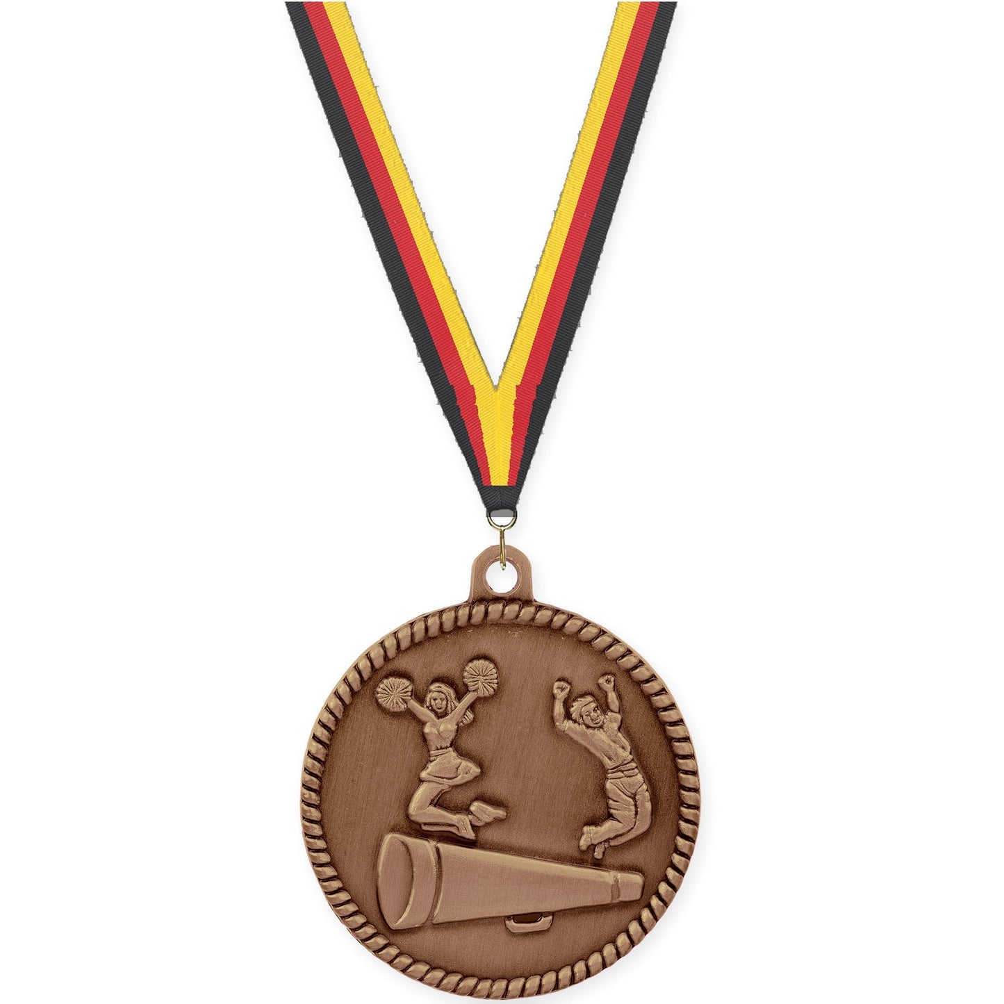 2 inch cheerleading High Relief medal in antique bronze with Black Red Yellow neck ribbon