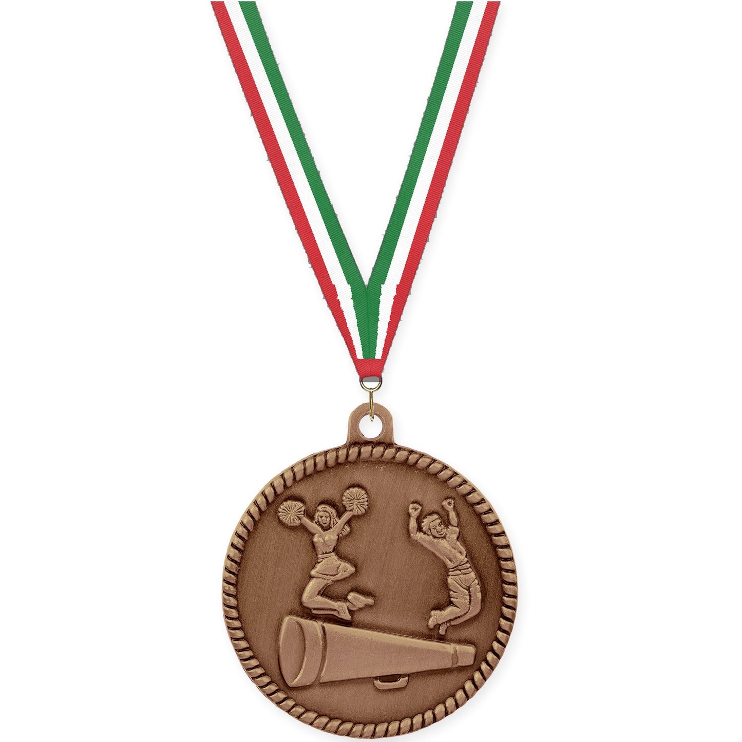 2 inch cheerleading High Relief medal in antique bronze with Red White Green neck ribbon