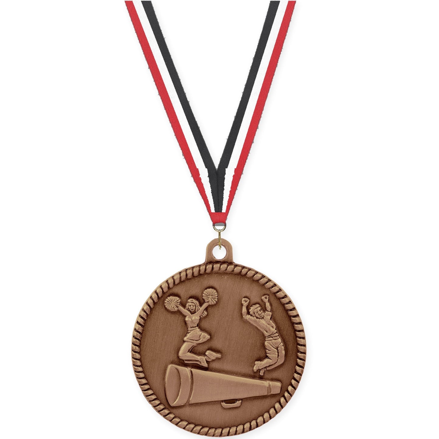 2 inch cheerleading High Relief medal in antique bronze with Red White Black neck ribbon