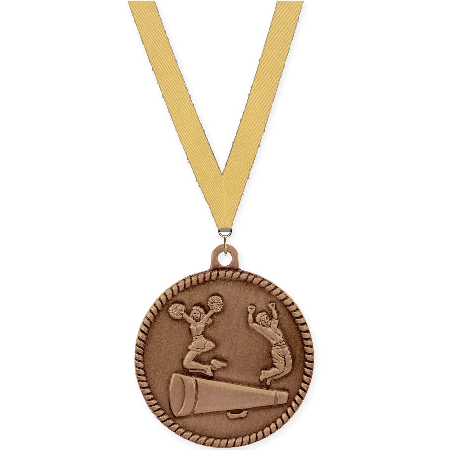 2 inch cheerleading High Relief medal in antique bronze with Gold Metallic neck ribbon