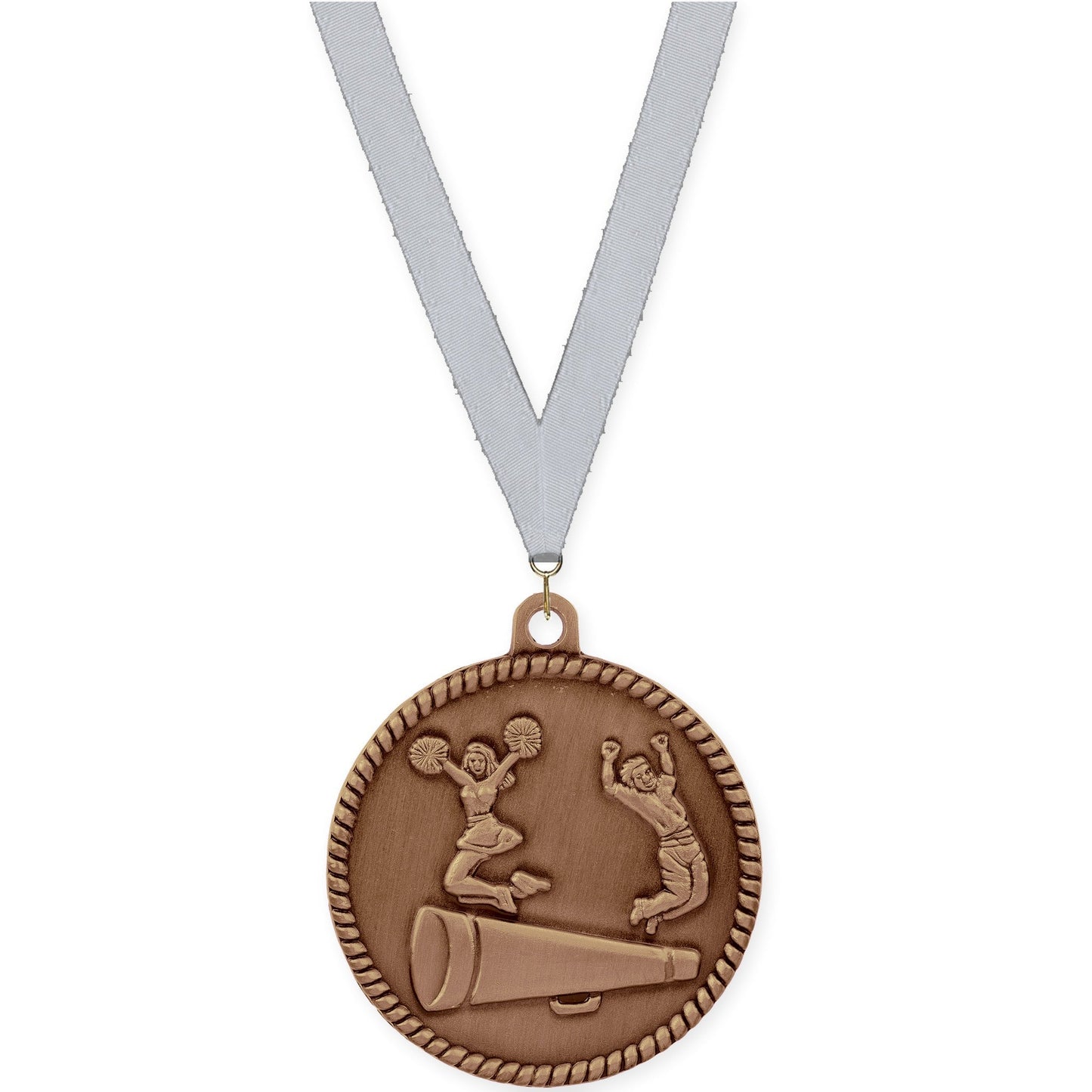 2 inch cheerleading High Relief medal in antique bronze with Silver Metallic neck ribbon