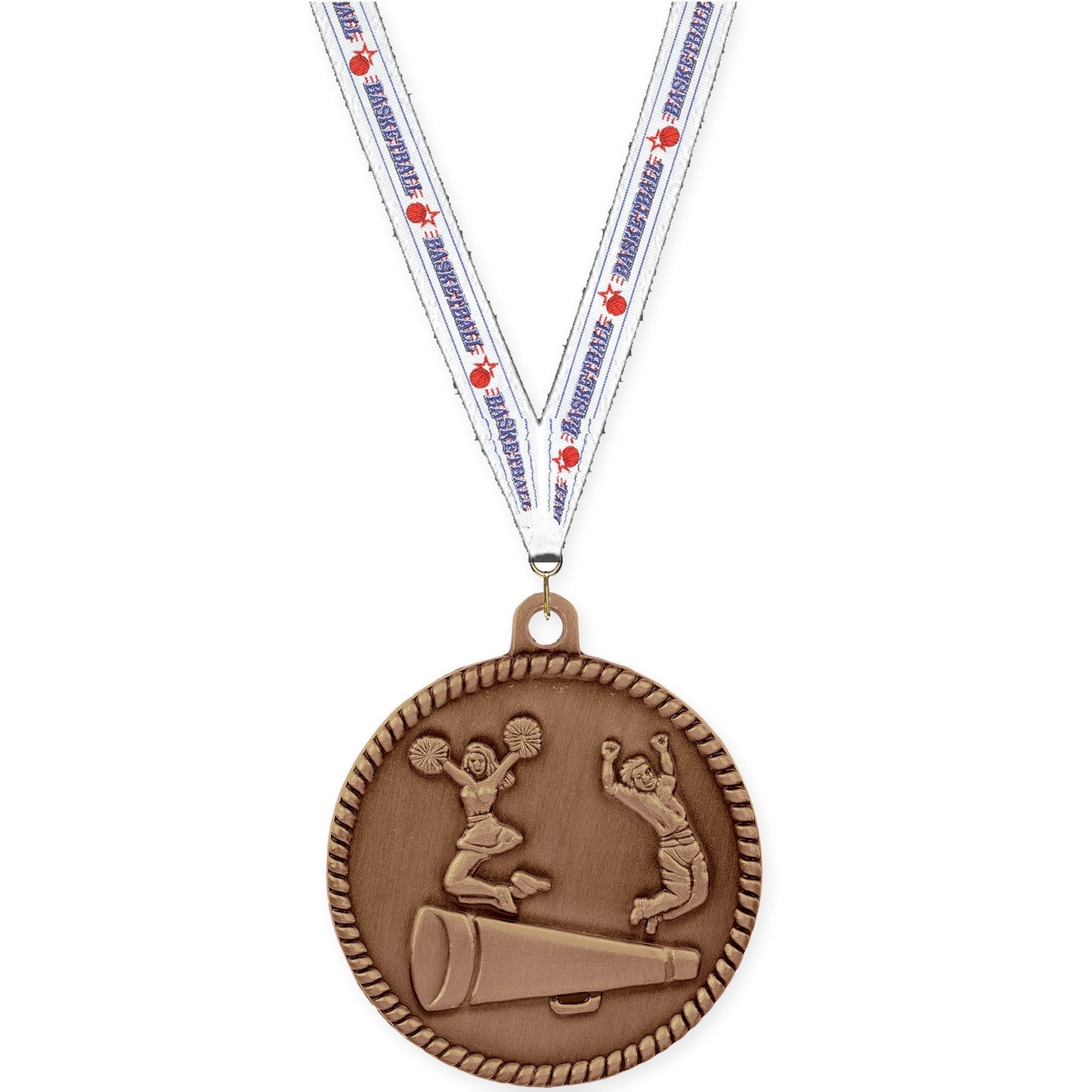 2 inch cheerleading High Relief medal in antique bronze with Basketball neck ribbon