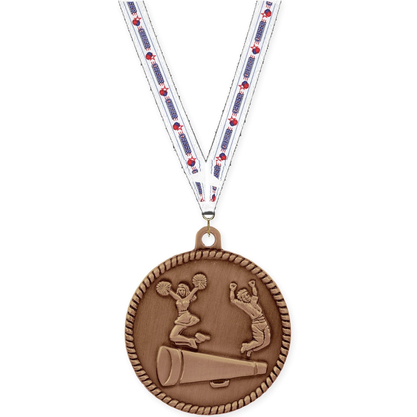2 inch cheerleading High Relief medal in antique bronze with Cheerleading neck ribbon