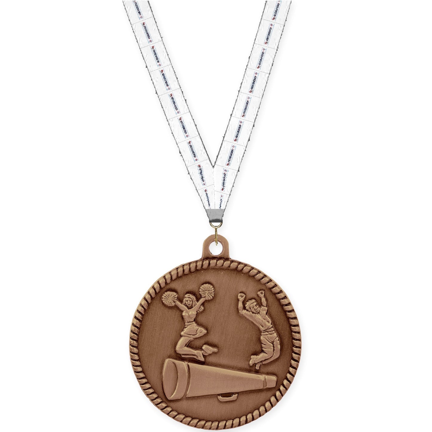 2 inch cheerleading High Relief medal in antique bronze with Gymnastics neck ribbon
