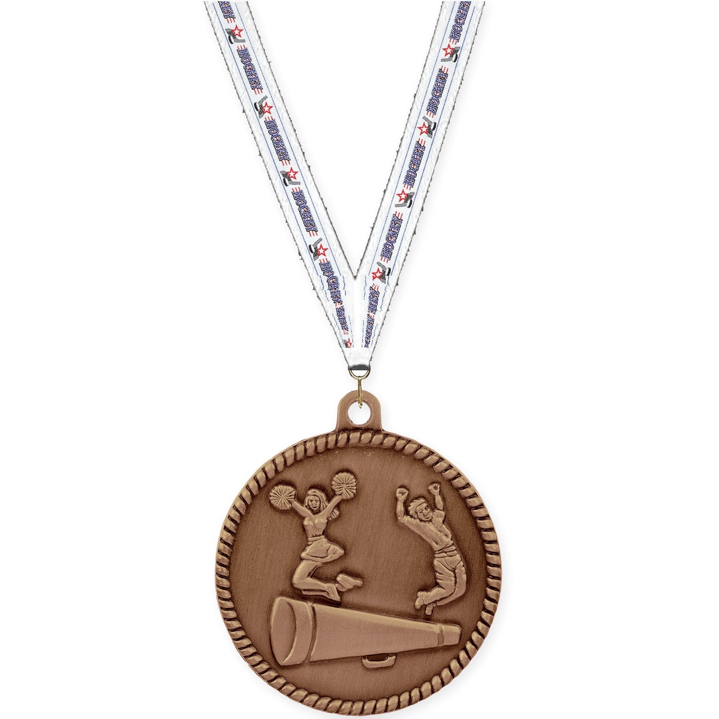 2 inch cheerleading High Relief medal in antique bronze with Hockey neck ribbon