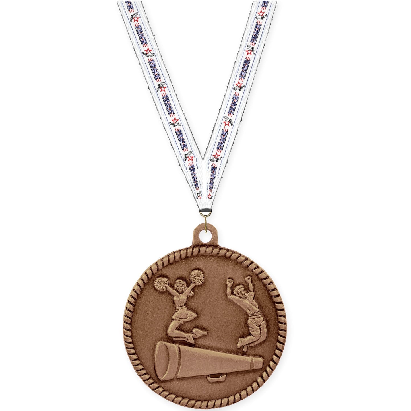 2 inch cheerleading High Relief medal in antique bronze with Track neck ribbon
