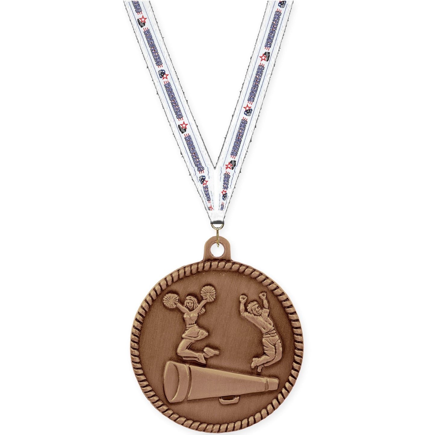 2 inch cheerleading High Relief medal in antique bronze with Wrestling neck ribbon