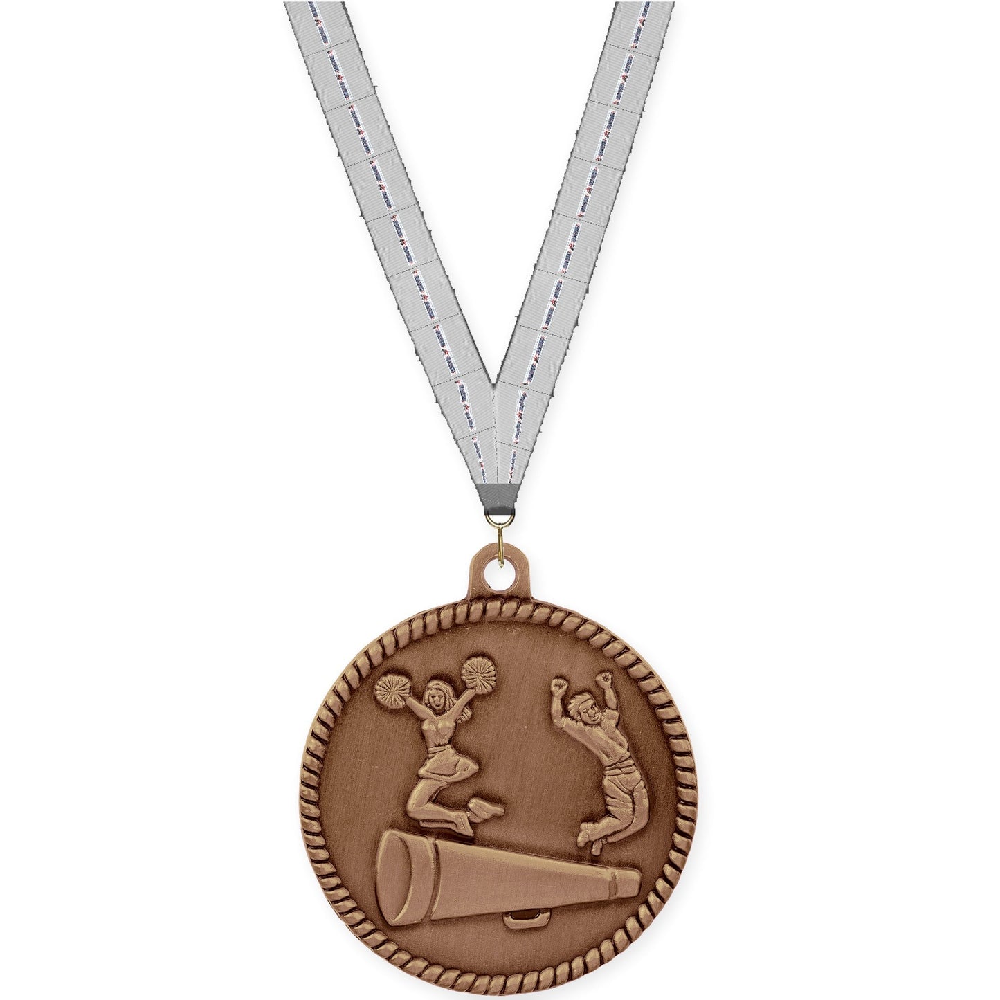 2 inch cheerleading High Relief medal in antique bronze with Auto Racing neck ribbon