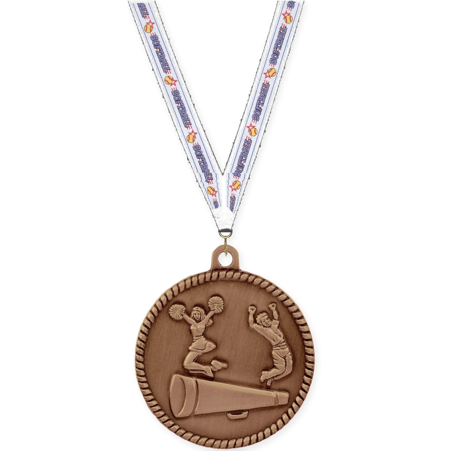 2 inch cheerleading High Relief medal in antique bronze with Softball neck ribbon