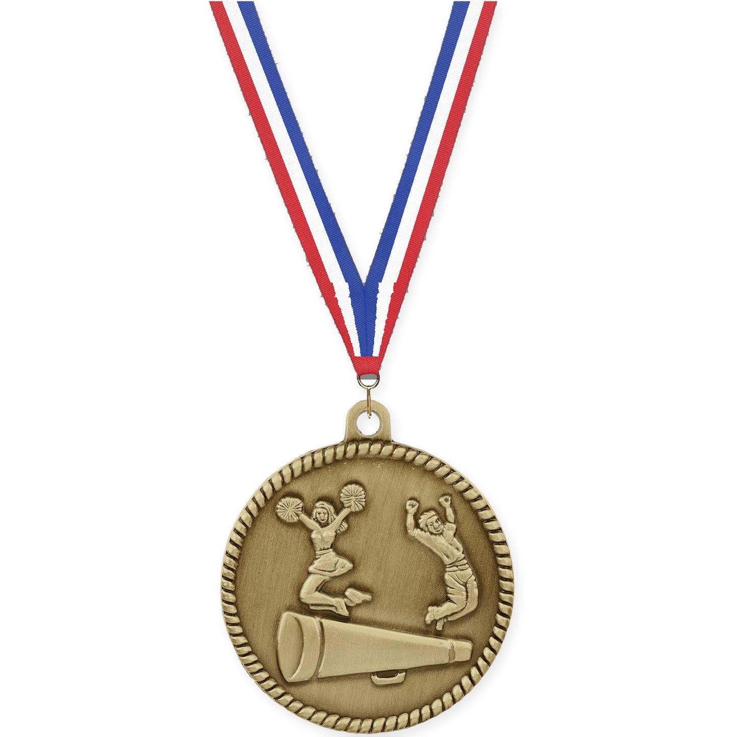 2 inch cheerleading High Relief medal in antique gold with Red White Blue neck ribbon