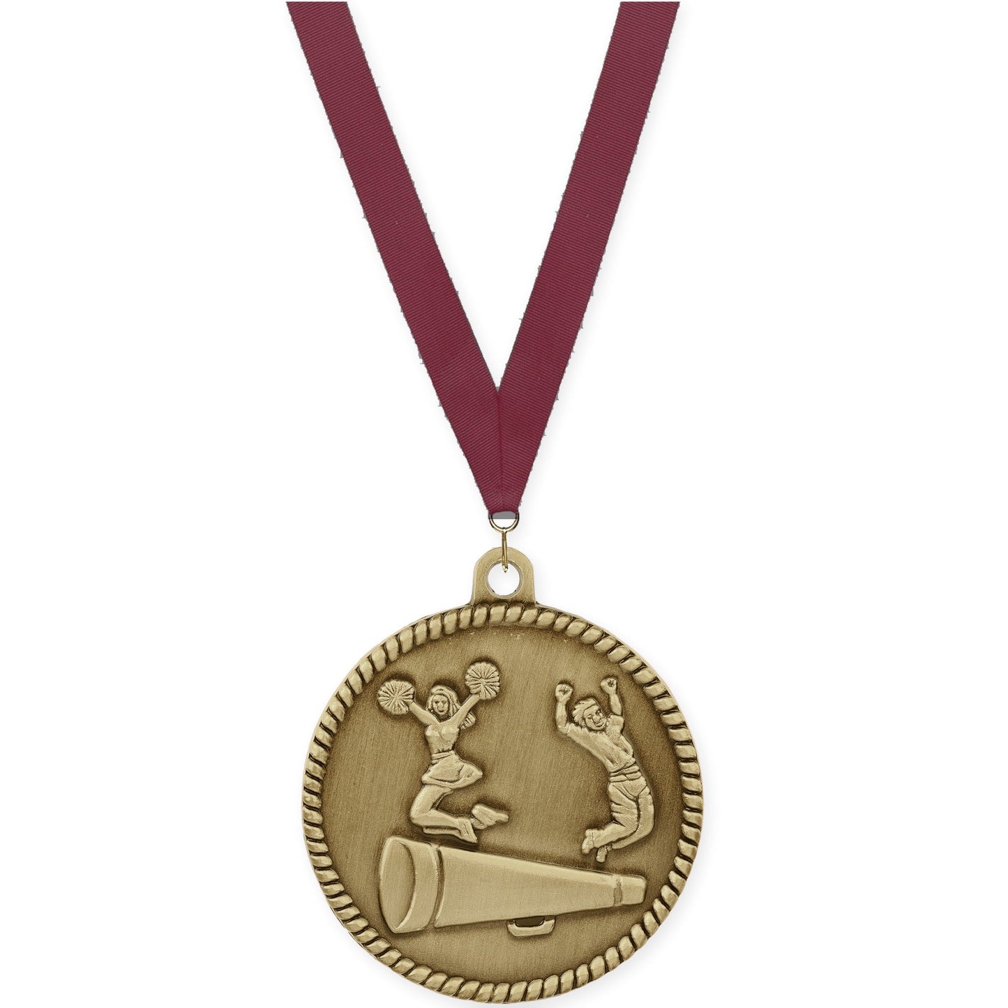 2 inch cheerleading High Relief medal in antique gold with Maroon neck ribbon