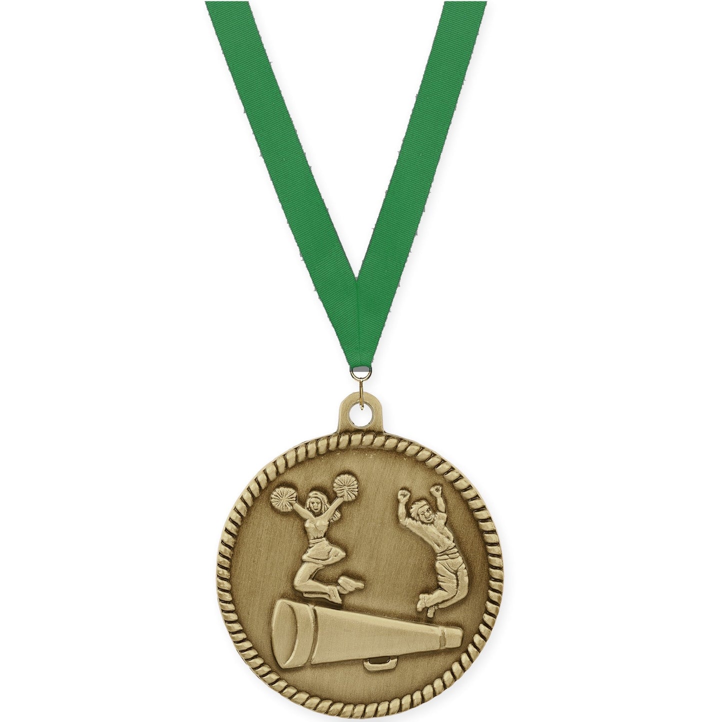 2 inch cheerleading High Relief medal in antique gold with Green neck ribbon