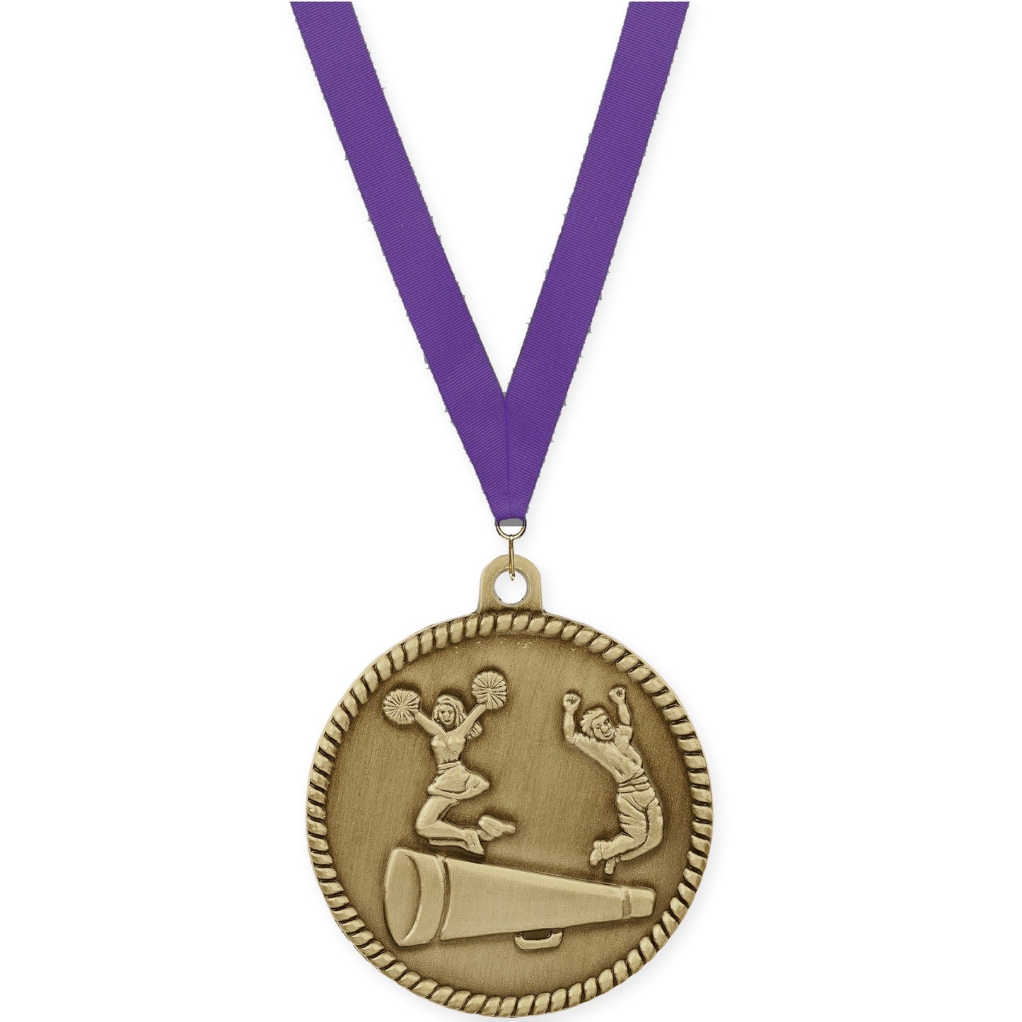 2 inch cheerleading High Relief medal in antique gold with Purple neck ribbon