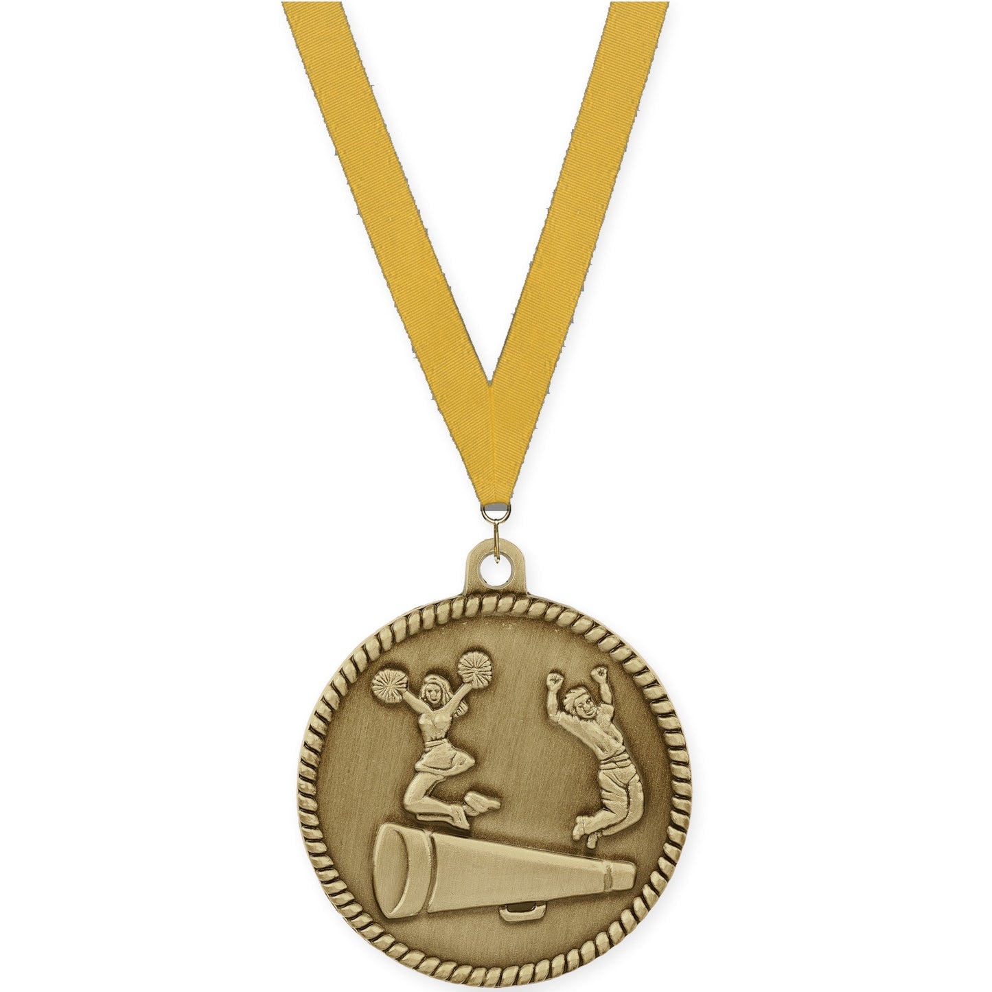 2 inch cheerleading High Relief medal in antique gold with Gold neck ribbon