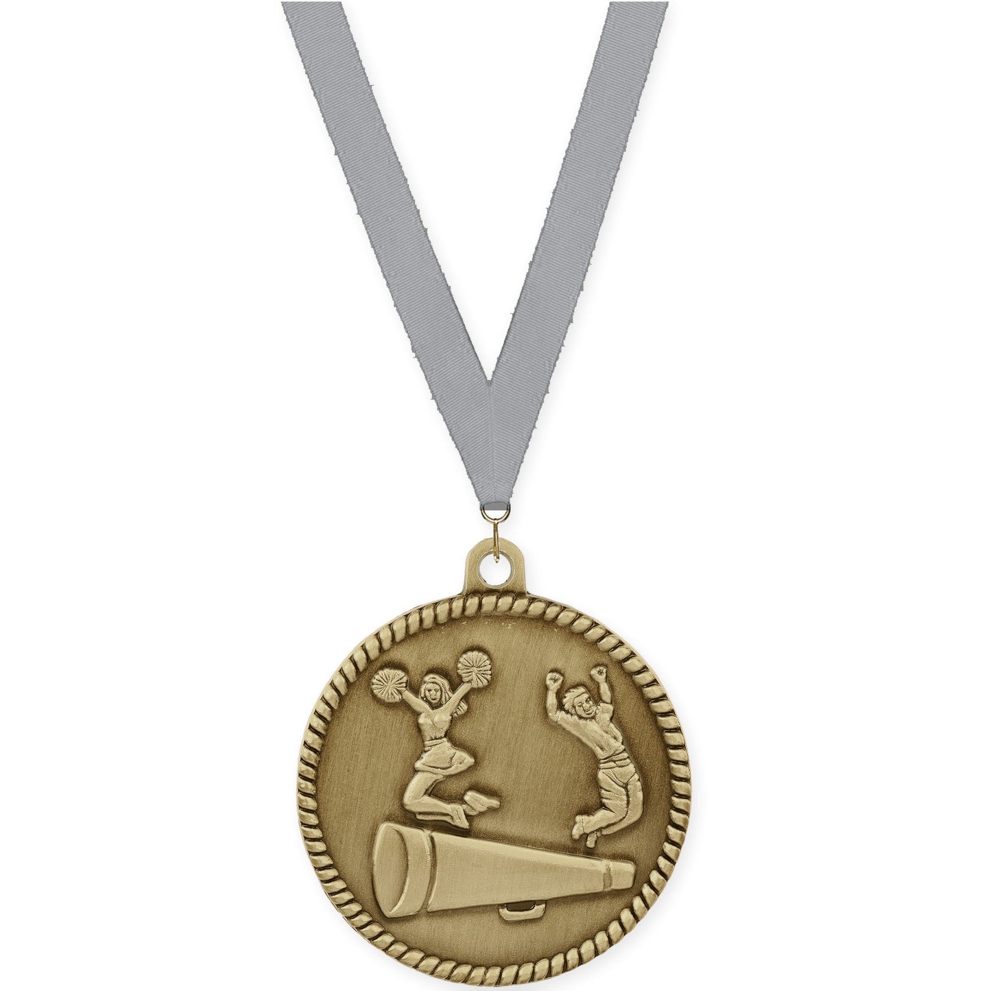 2 inch cheerleading High Relief medal in antique gold with Gray neck ribbon