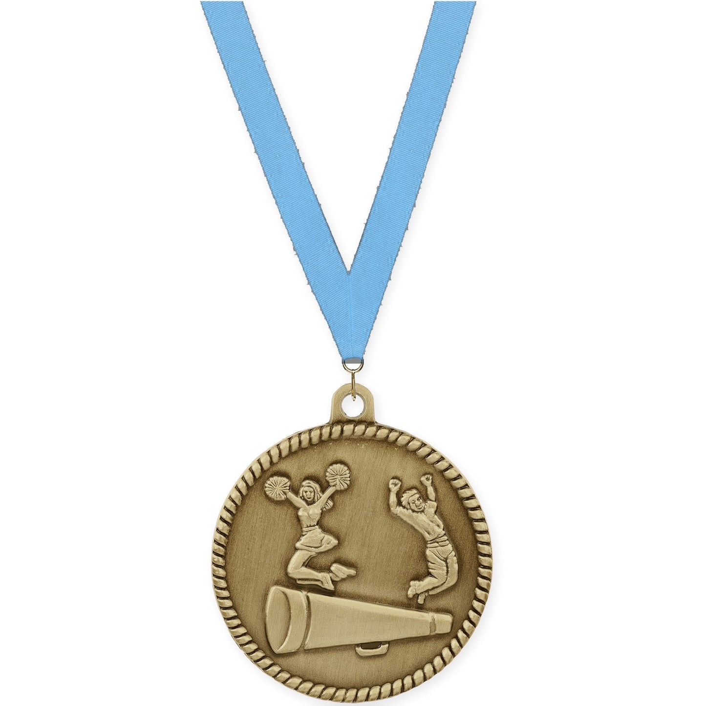 2 inch cheerleading High Relief medal in antique gold with Light Blue neck ribbon