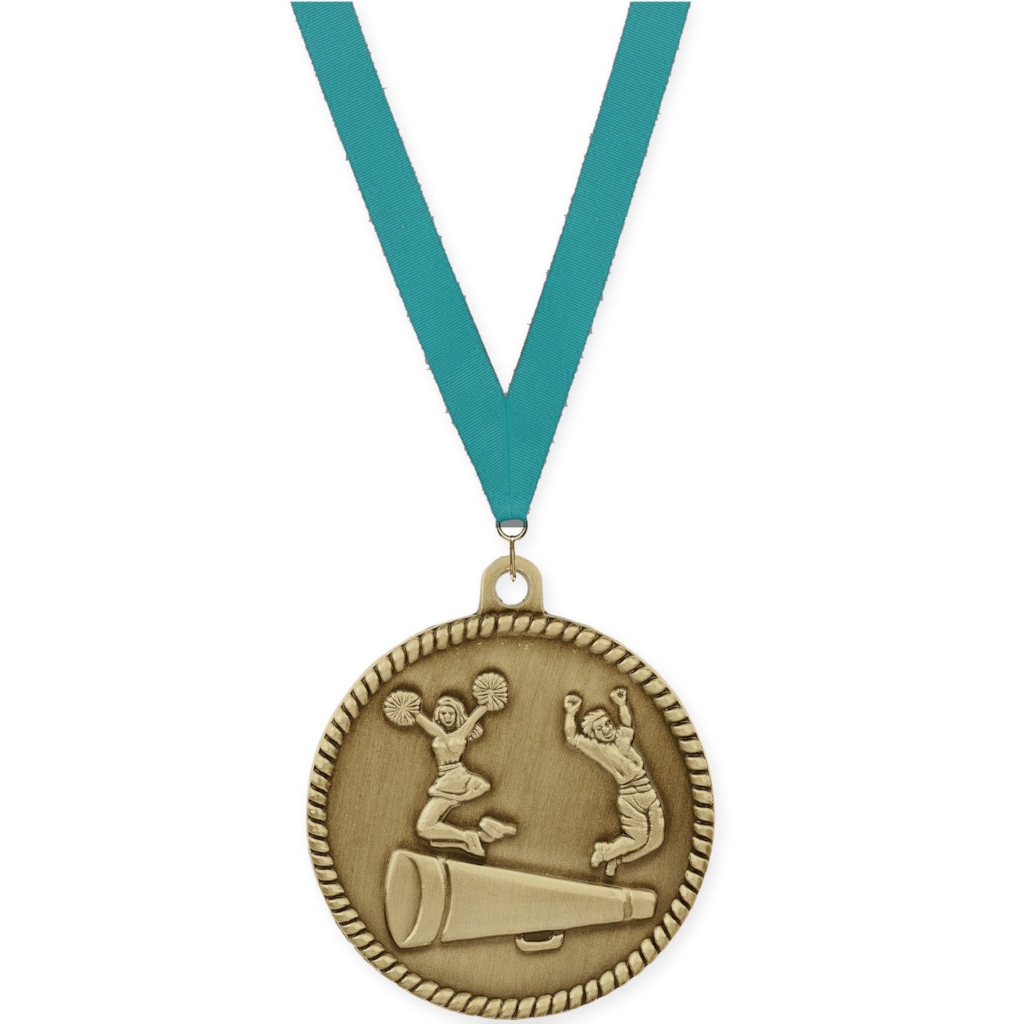 2 inch cheerleading High Relief medal in antique gold with Teal neck ribbon