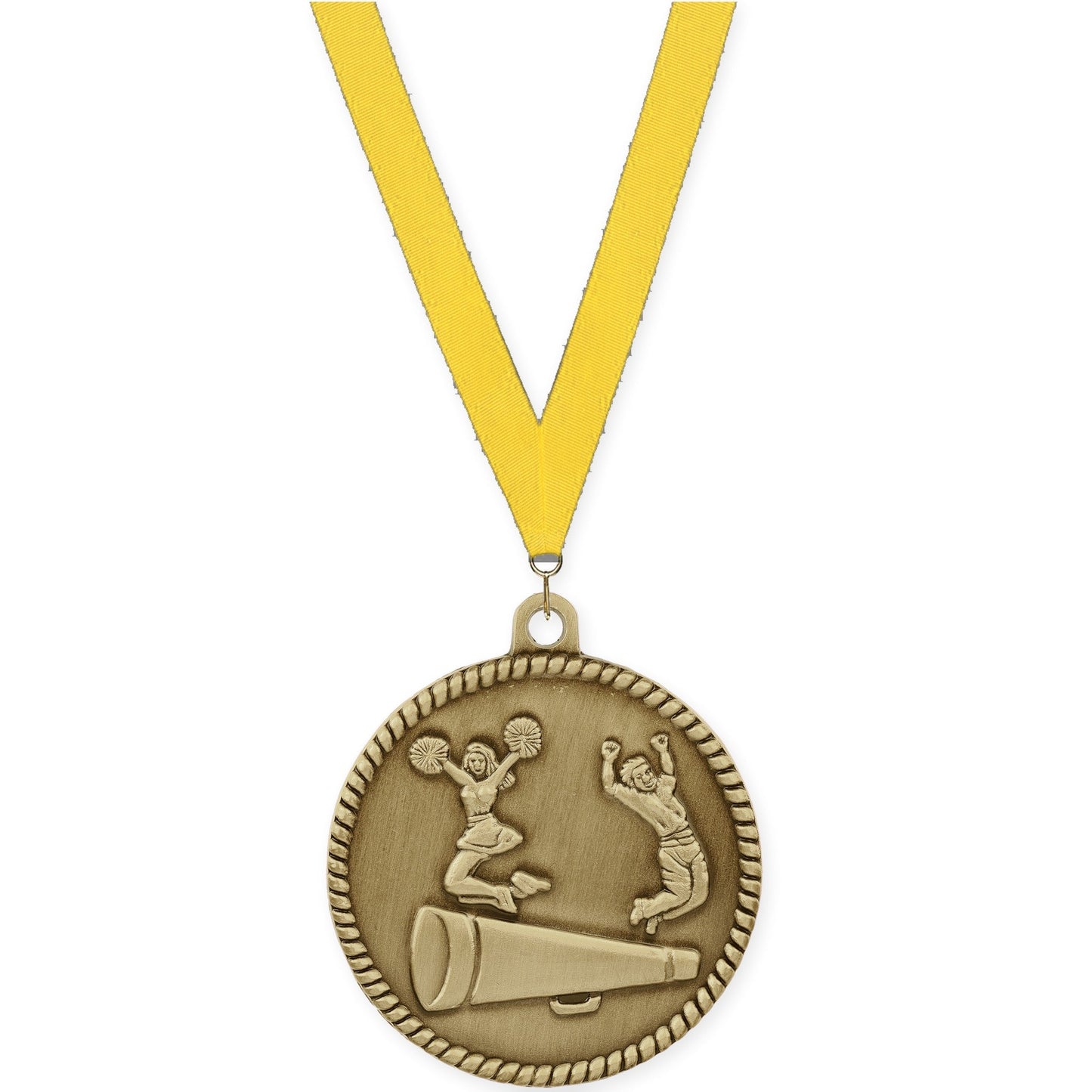 2 inch cheerleading High Relief medal in antique gold with Yellow neck ribbon