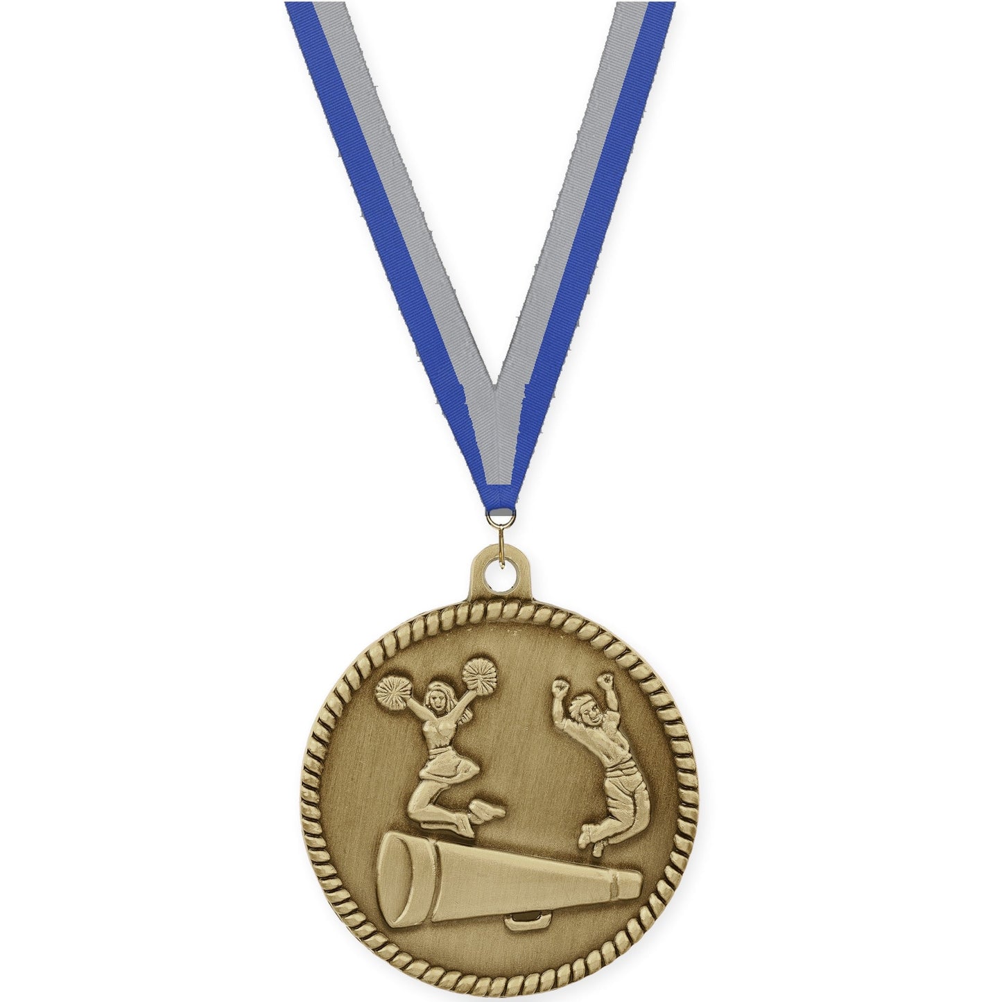 2 inch cheerleading High Relief medal in antique gold with Blue Gray neck ribbon