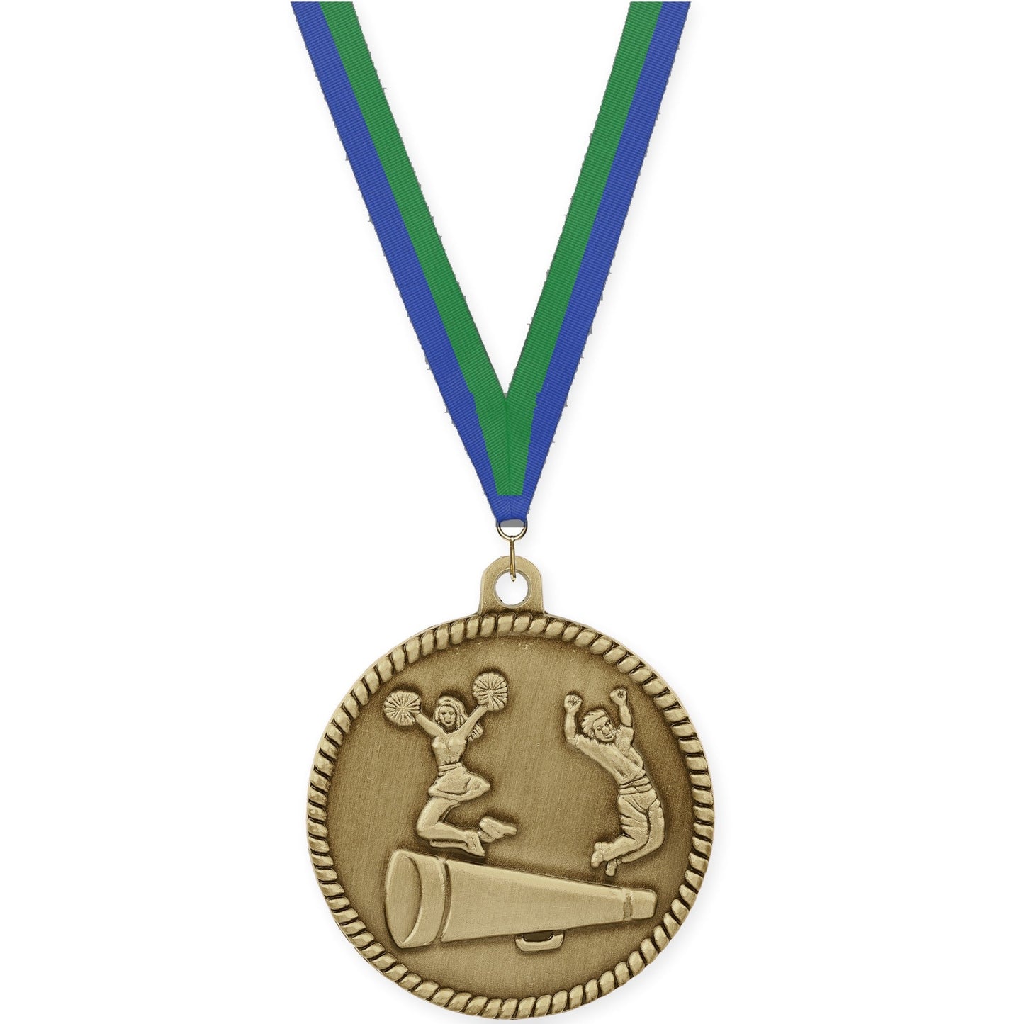 2 inch cheerleading High Relief medal in antique gold with Blue Green neck ribbon