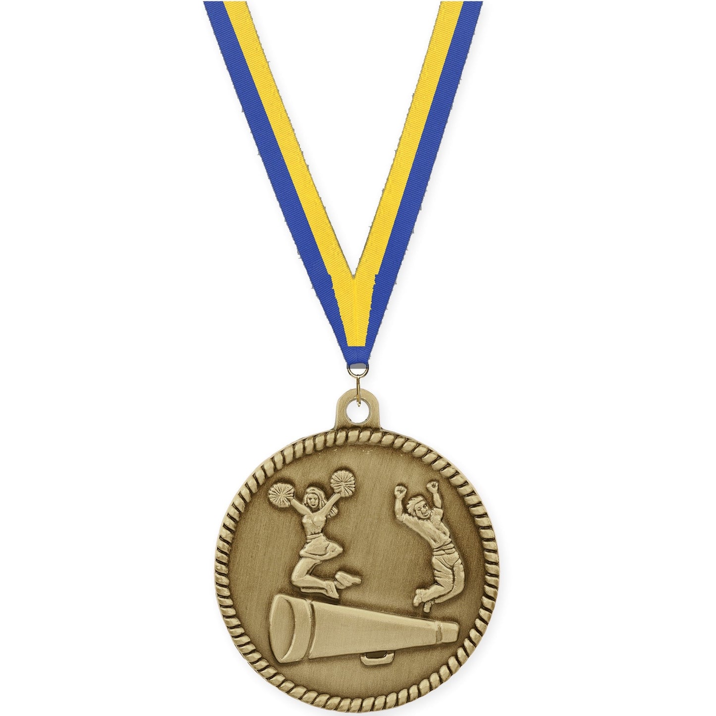 2 inch cheerleading High Relief medal in antique gold with Blue Yellow neck ribbon