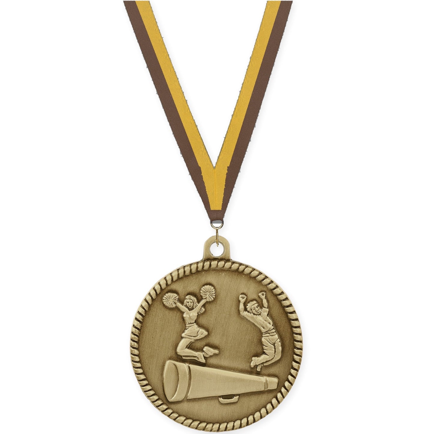 2 inch cheerleading High Relief medal in antique gold with Brown Gold neck ribbon