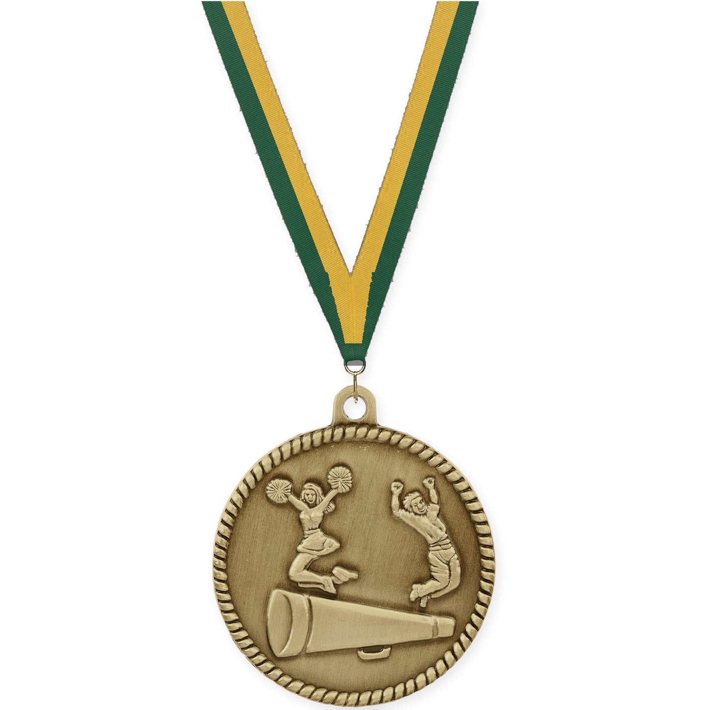 2 inch cheerleading High Relief medal in antique gold with Hunter Green Gold neck ribbon
