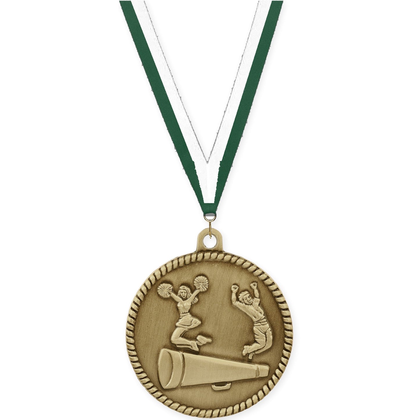 2 inch cheerleading High Relief medal in antique gold with Hunter Green White neck ribbon