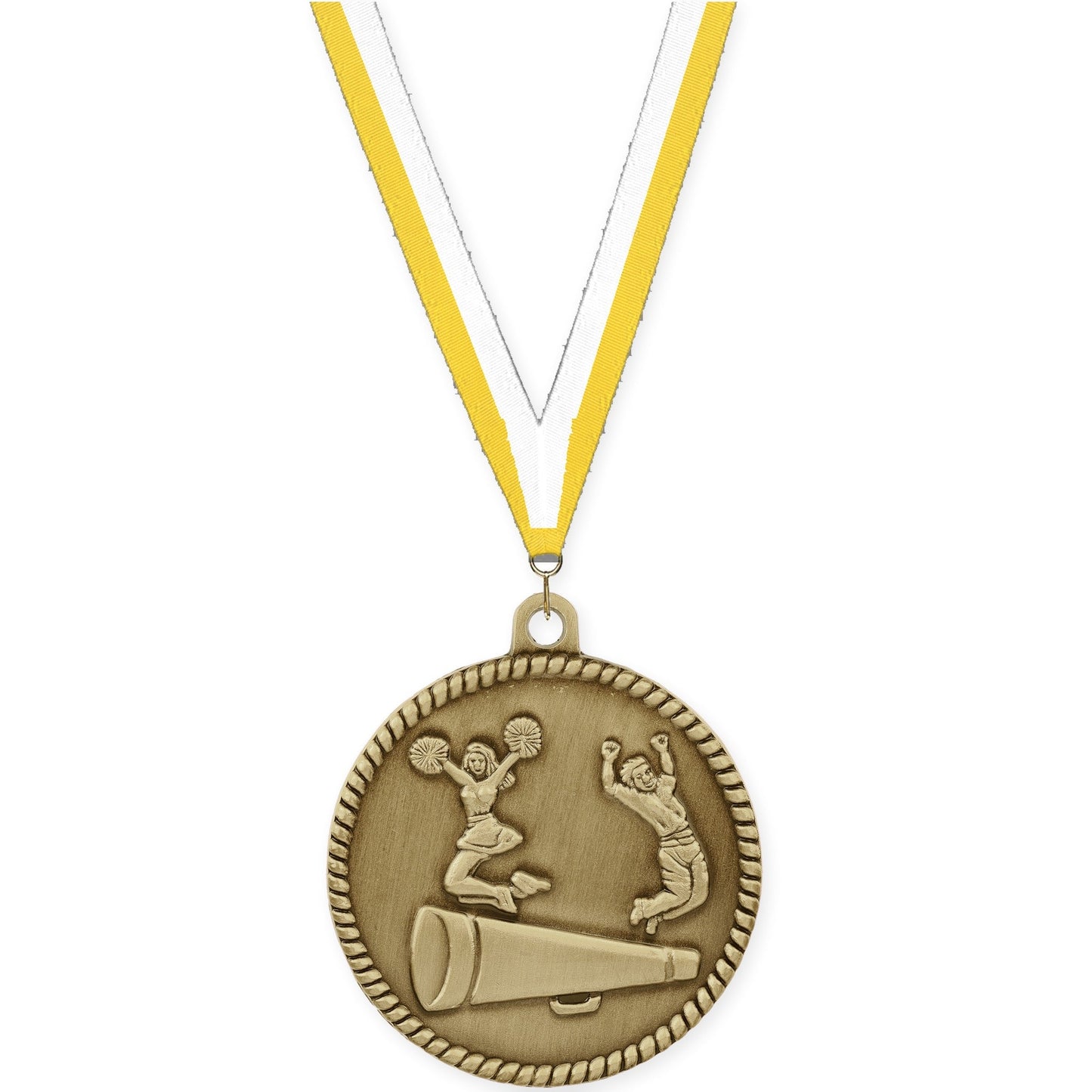 2 inch cheerleading High Relief medal in antique gold with Yellow White neck ribbon