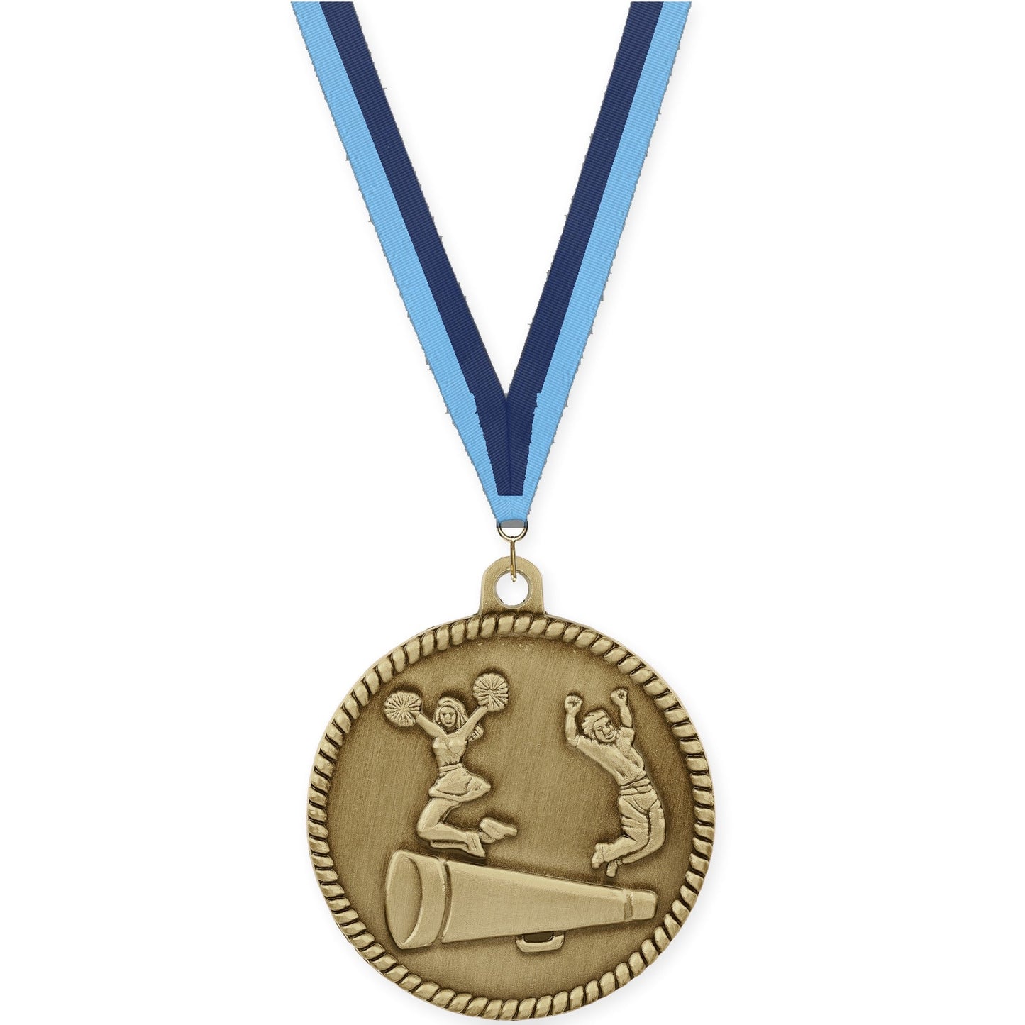 2 inch cheerleading High Relief medal in antique gold with Light Blue Navy neck ribbon