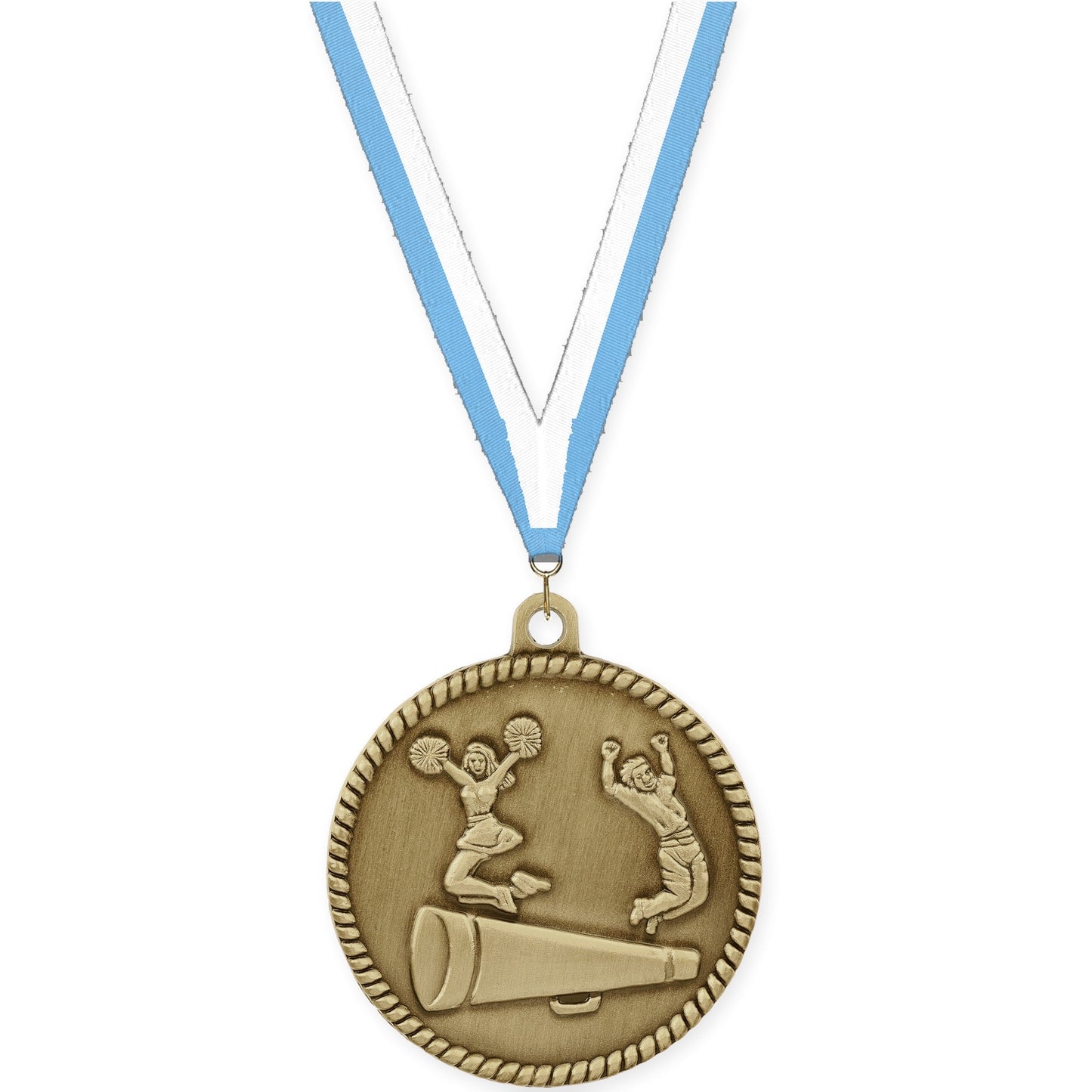 2 inch cheerleading High Relief medal in antique gold with Light Blue White neck ribbon